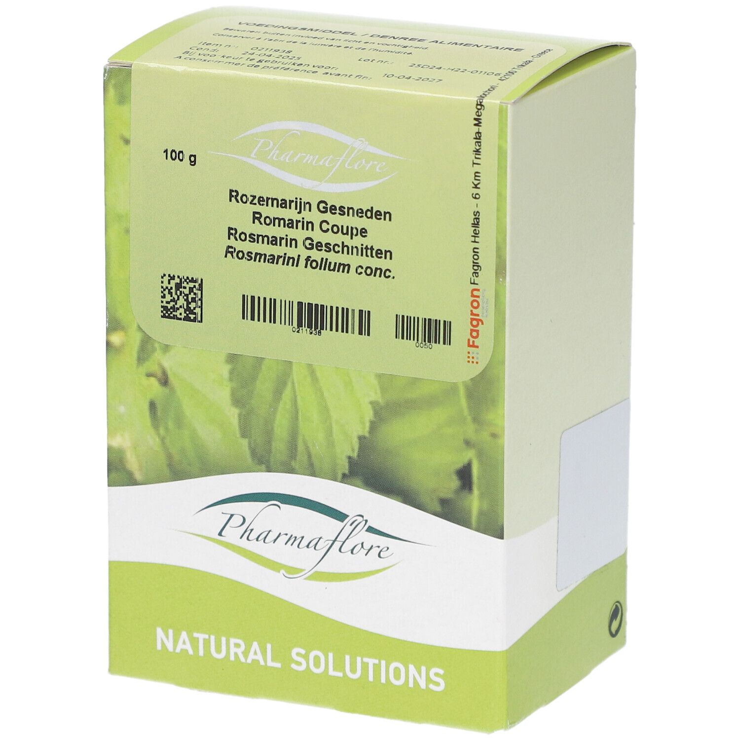 Verpackung von Pharmaflore Romarin Coupé. Grün-weiße Schachtel mit Produktnamen und 100g-Angabe. Barcode und QR-Code.
