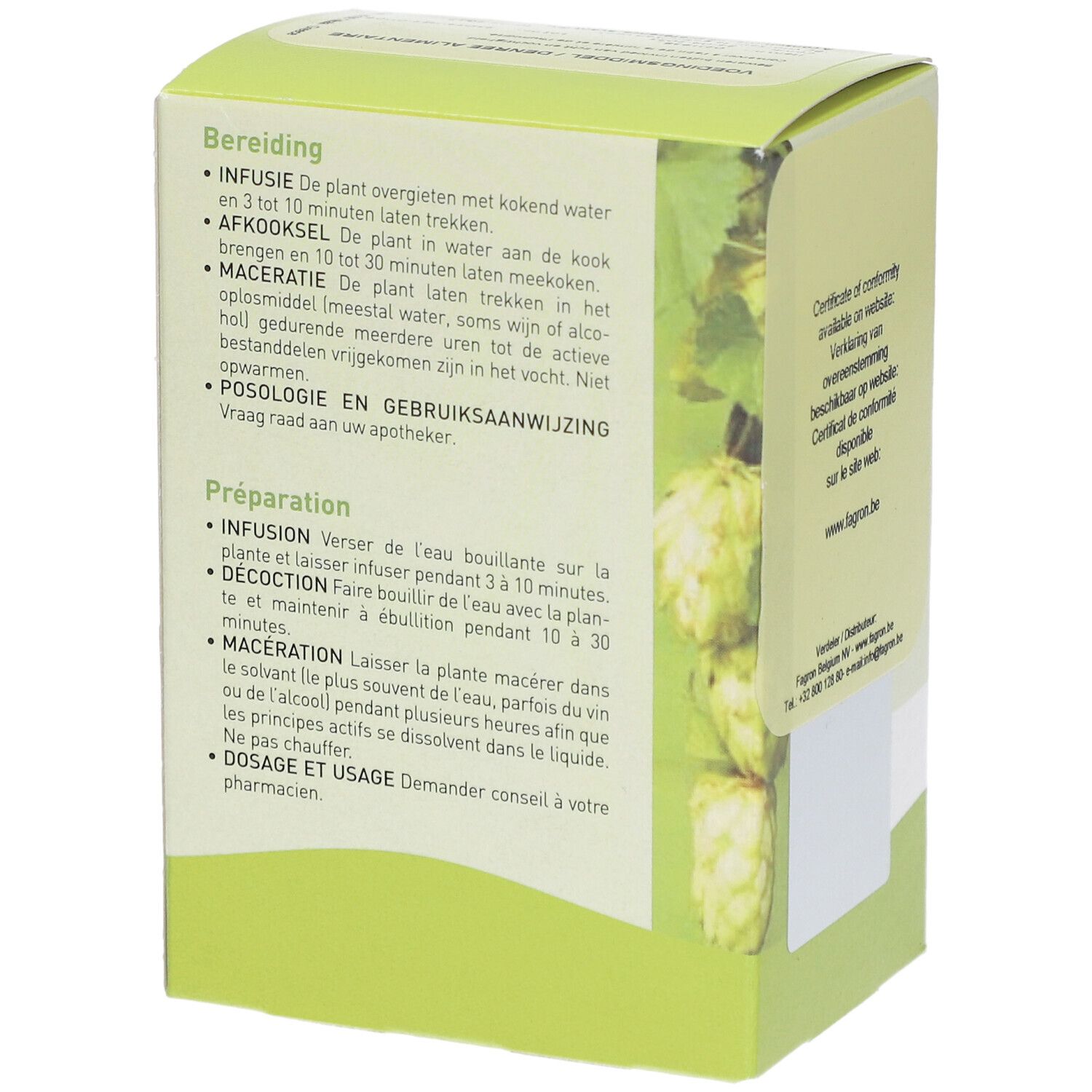 Seite der Pharmaflore Romarin Coupé Verpackung. Zubereitungshinweise in Niederländisch und Französisch.