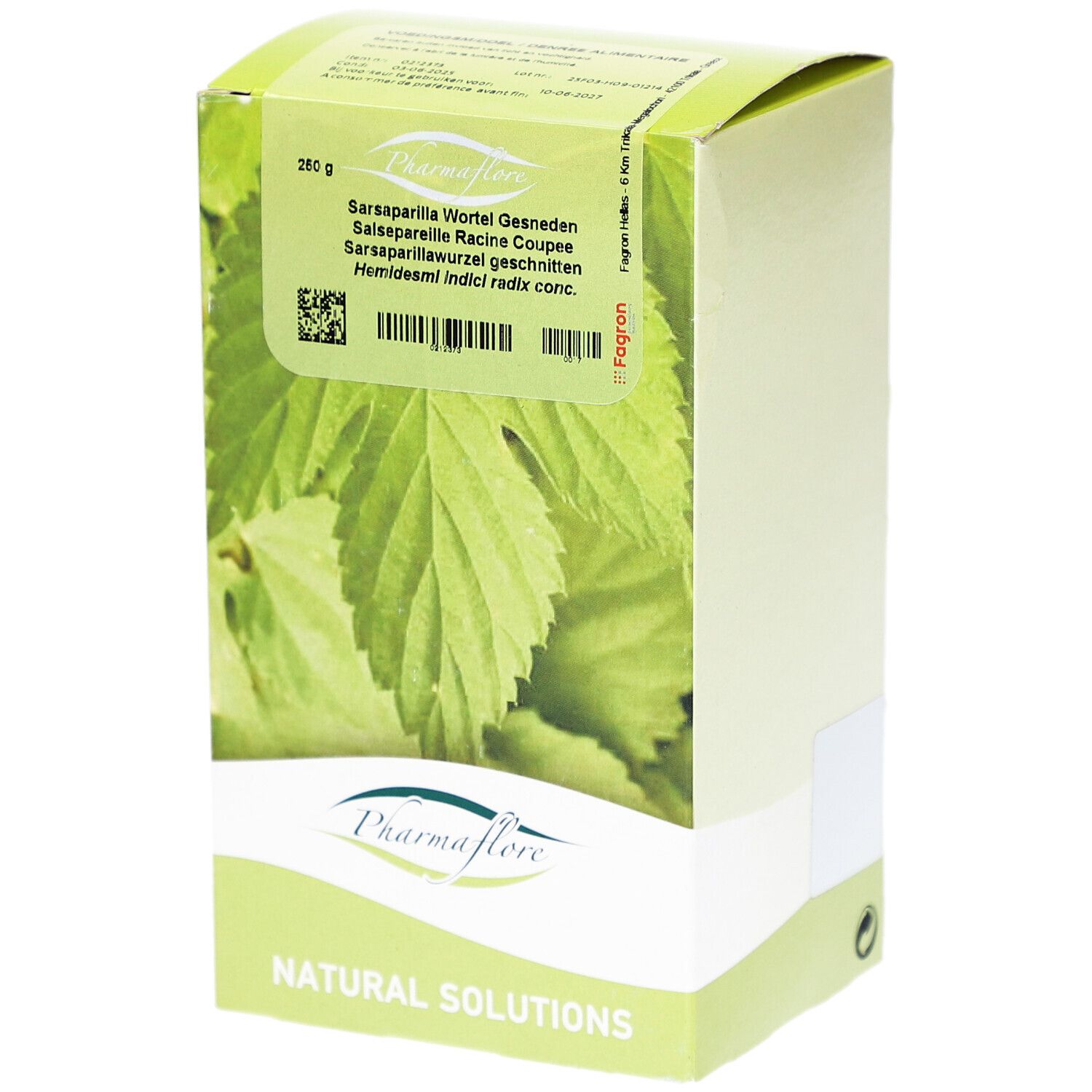 Verpackung mit Pharmaflore Salsepareille Racine Coupée. Grün-weiße Schachtel mit Blättern und Produktnamen.