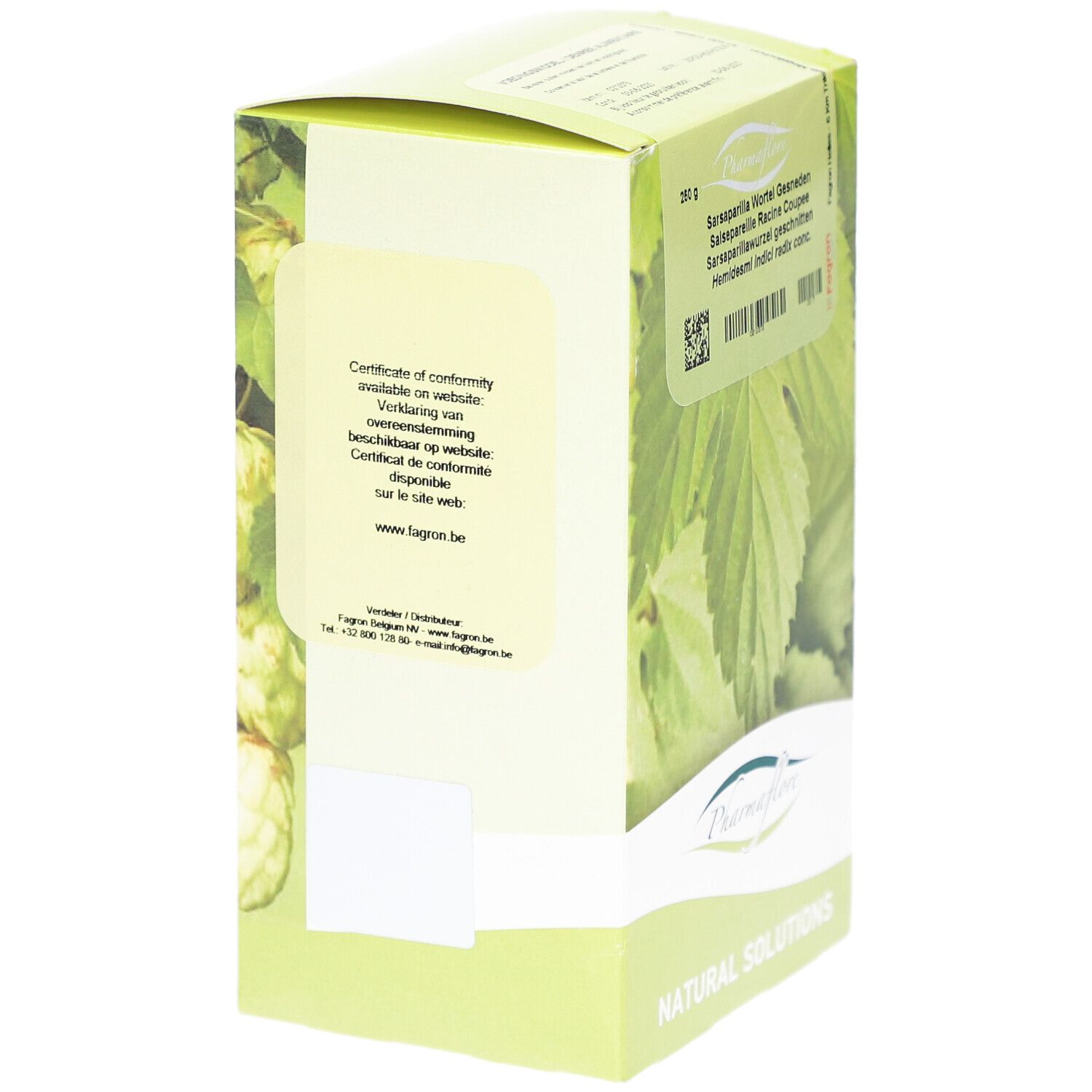 Verpackung Pharmaflore Salsepareille Racine Coupée. Seitenansicht mit Text und Blättern. Zertifizierungshinweis.
