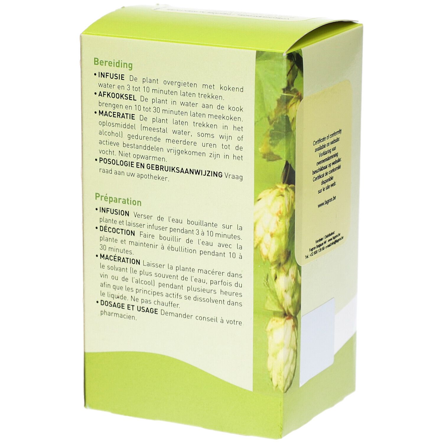 Verpackung Pharmaflore Salsepareille Racine Coupée. Rückseite mit Zubereitungshinweisen. Grün-weißes Design.