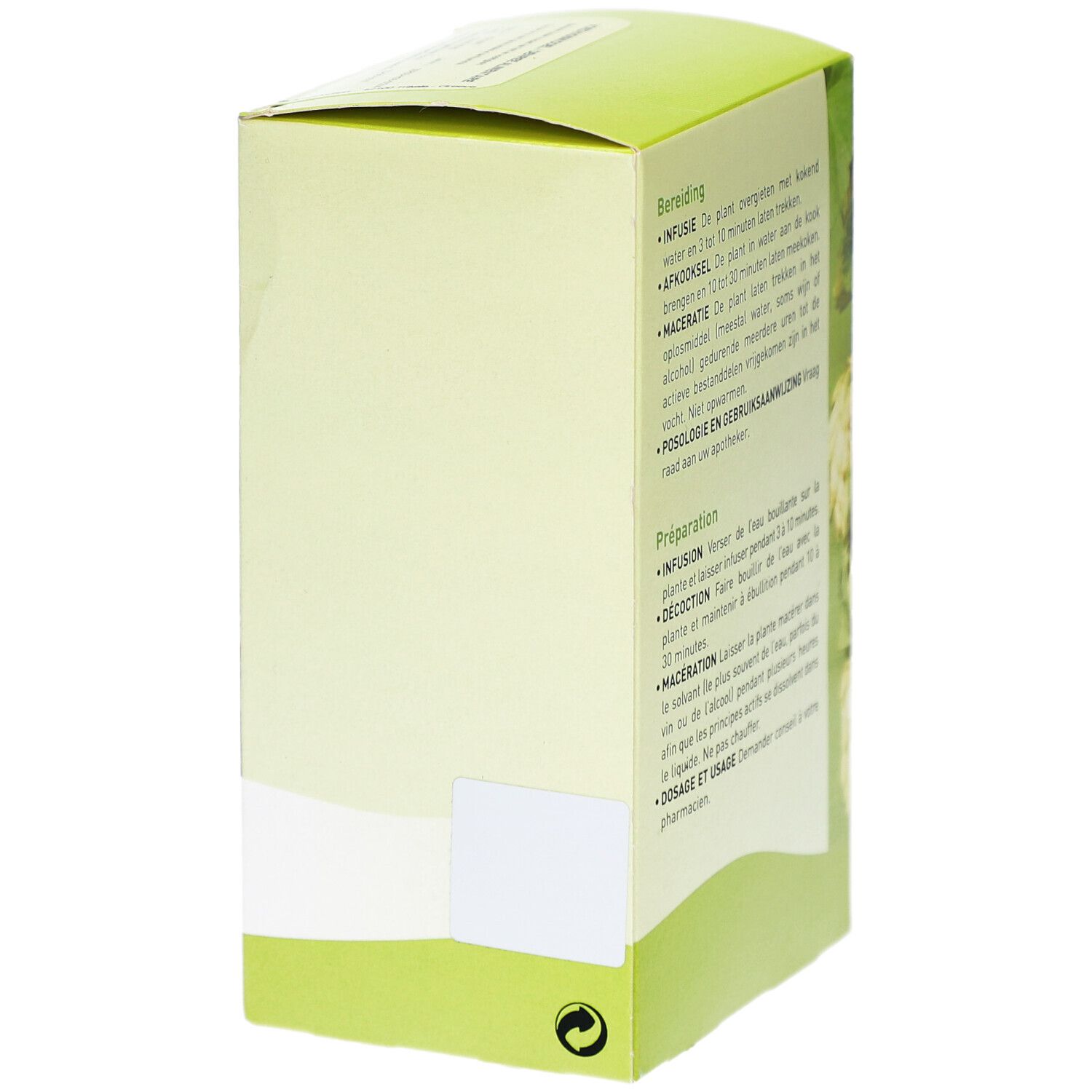 Verpackung Pharmaflore Salsepareille Racine Coupée. Rückseite mit Zubereitungshinweisen. Grün-weißes Design.