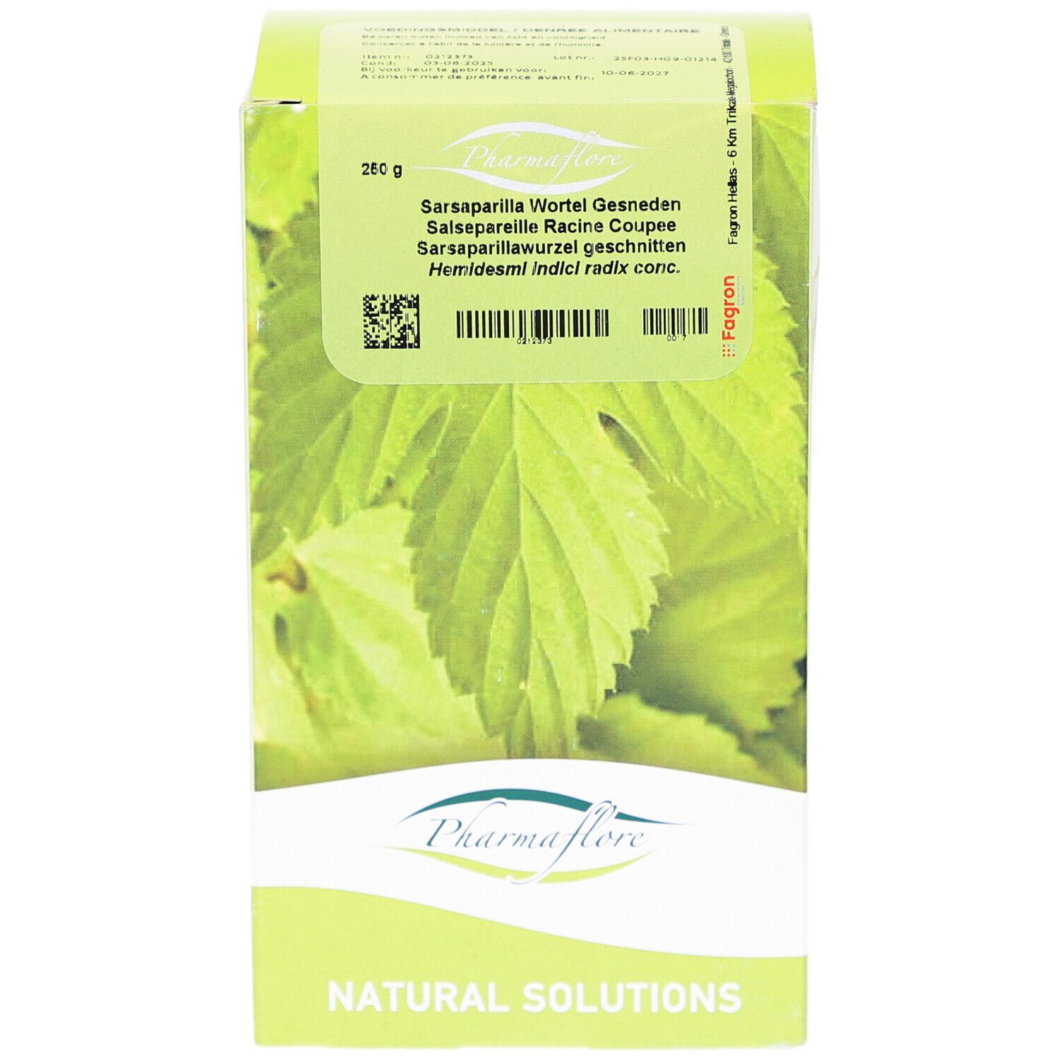 Verpackung Pharmaflore Salsepareille Racine Coupée. Grün-weiße Schachtel mit Blättern und Produktnamen.