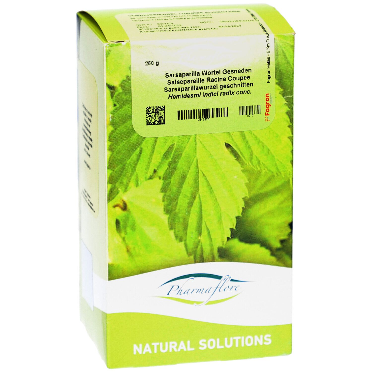 Verpackung Pharmaflore Salsepareille Racine Coupée. Grün-weiße Schachtel mit Blättern und Produktnamen.