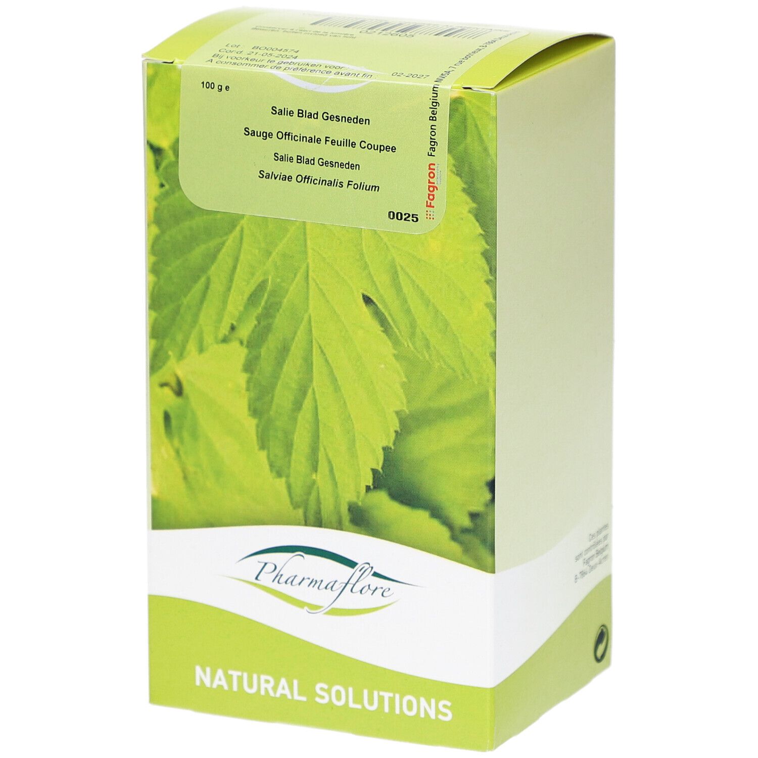 Kartonverpackung mit Blättern und Produktnamen. Aufschrift: Pharmaflore, Salie Blad Gesneden, 100 g.