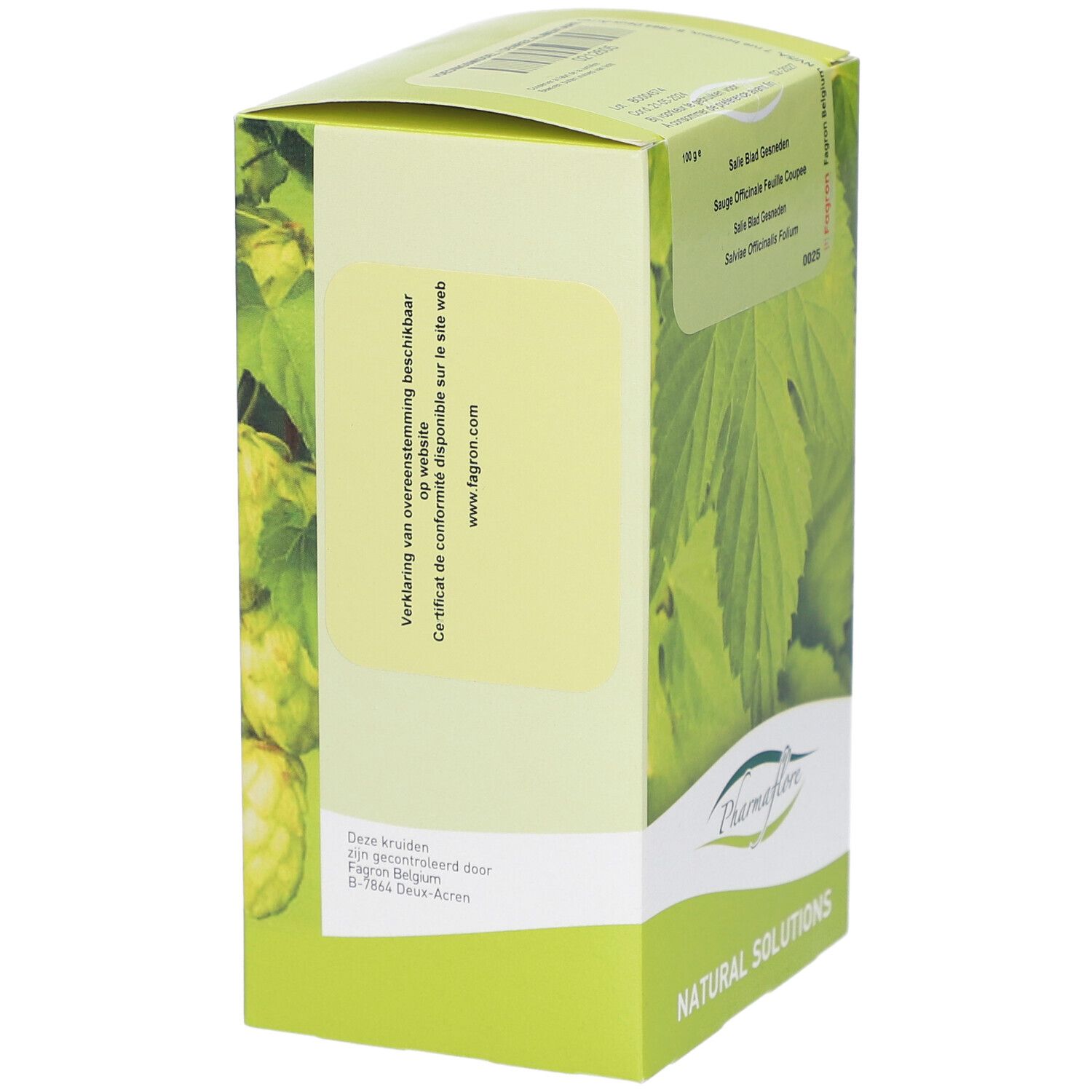 Seitenansicht der Kartonverpackung. Text: Pharmaflore, Natural Solutions. Aufdruck mit Blättern.