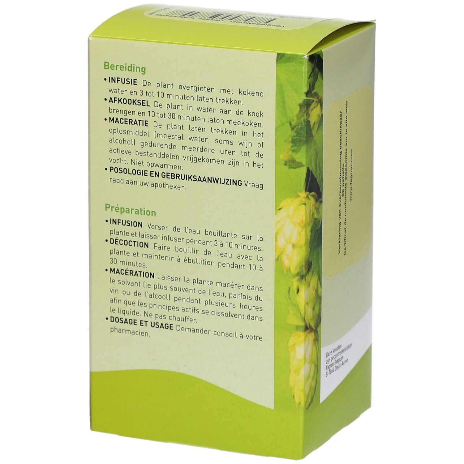 Rückseite der Kartonverpackung mit Zubereitungsanweisungen in Niederländisch und Französisch.