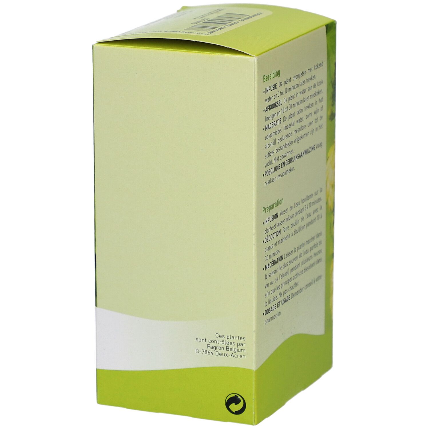 Seitenansicht der Kartonverpackung. Text und grünes Design. Aufdruck mit Blättern.