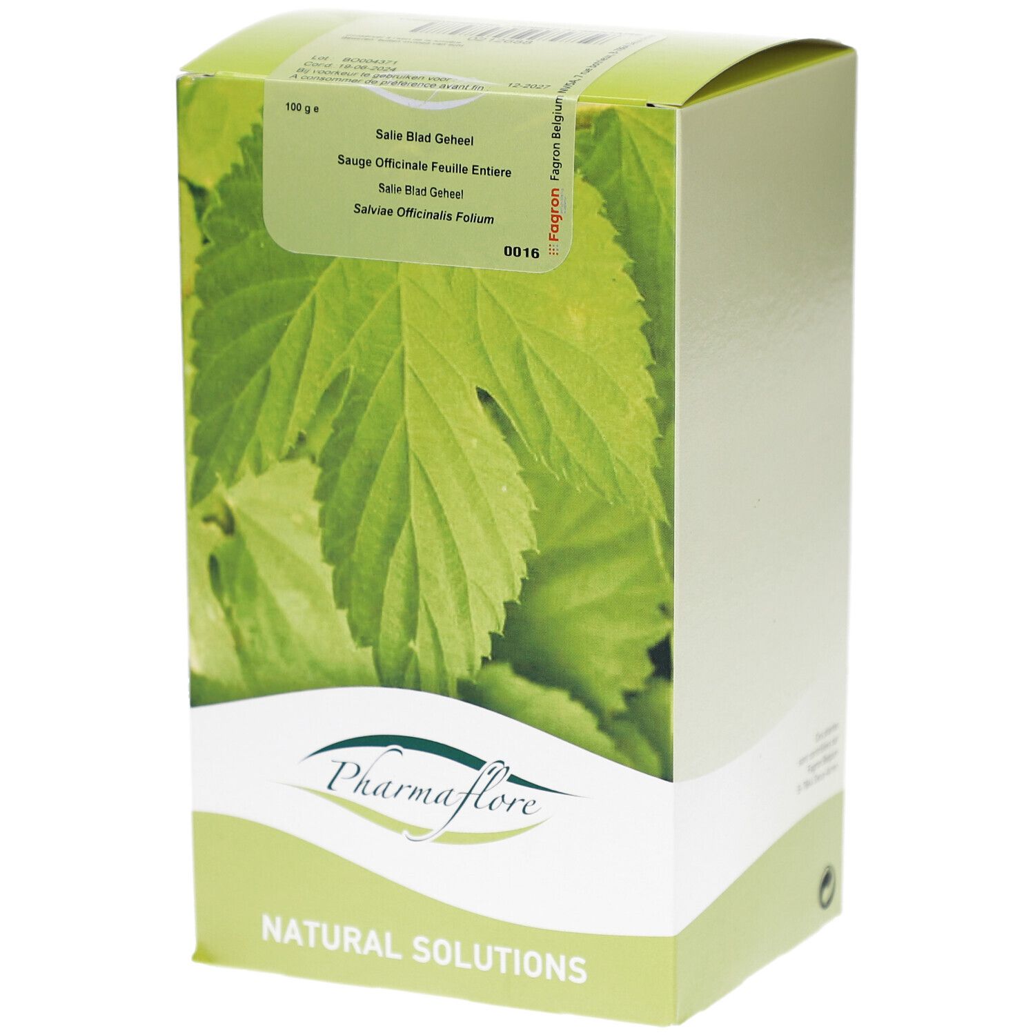 Verpackung mit Blattmotiv und Produktnamen Pharmaflore. Text: Salie Blad Geheel, Sauge Officinale Feuille Entière.