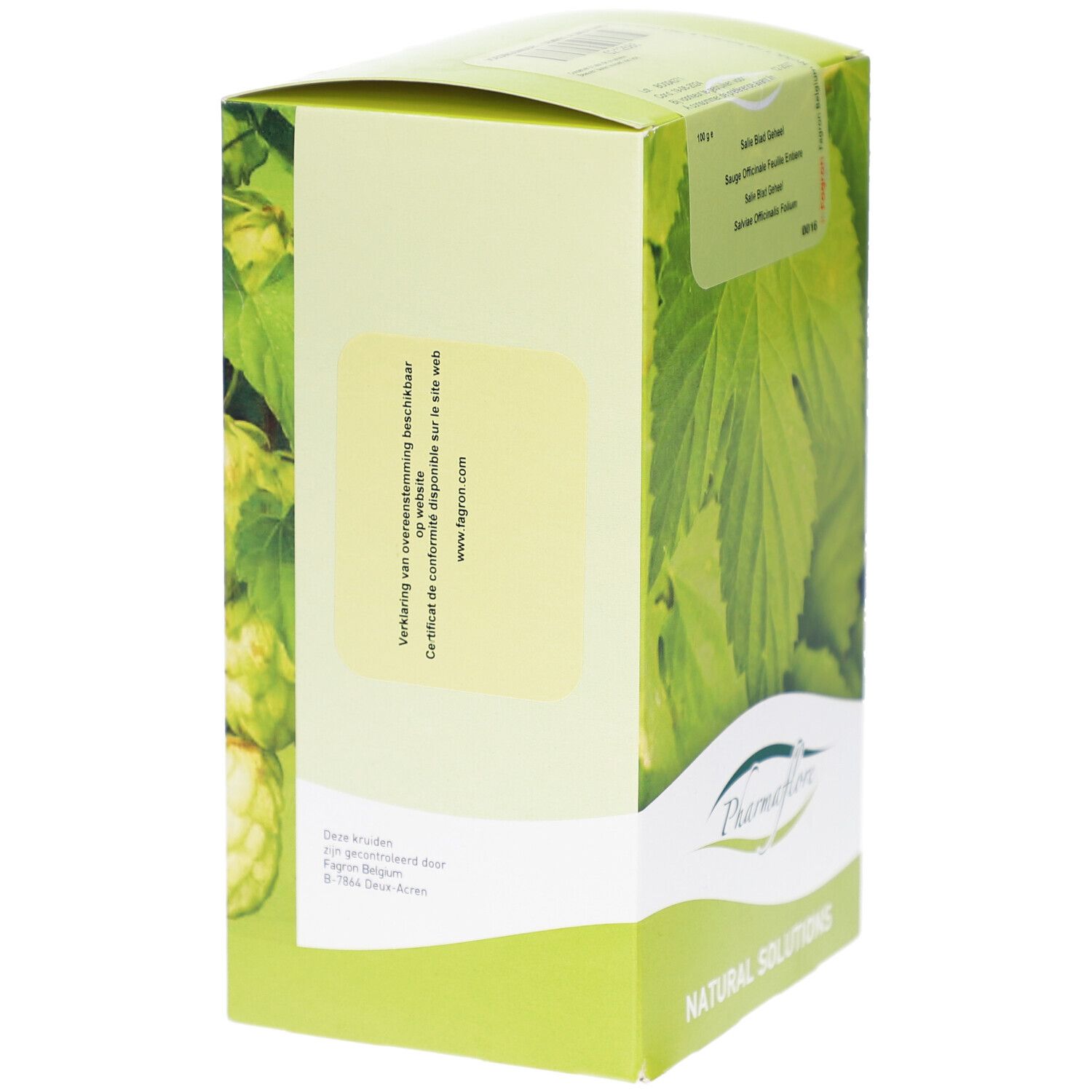 Rückseite der Pharmaflore-Verpackung mit Blattmotiv. Text: Salie Blad Geheel, Sauge Officinale Feuille Entière. Adresse und Website.