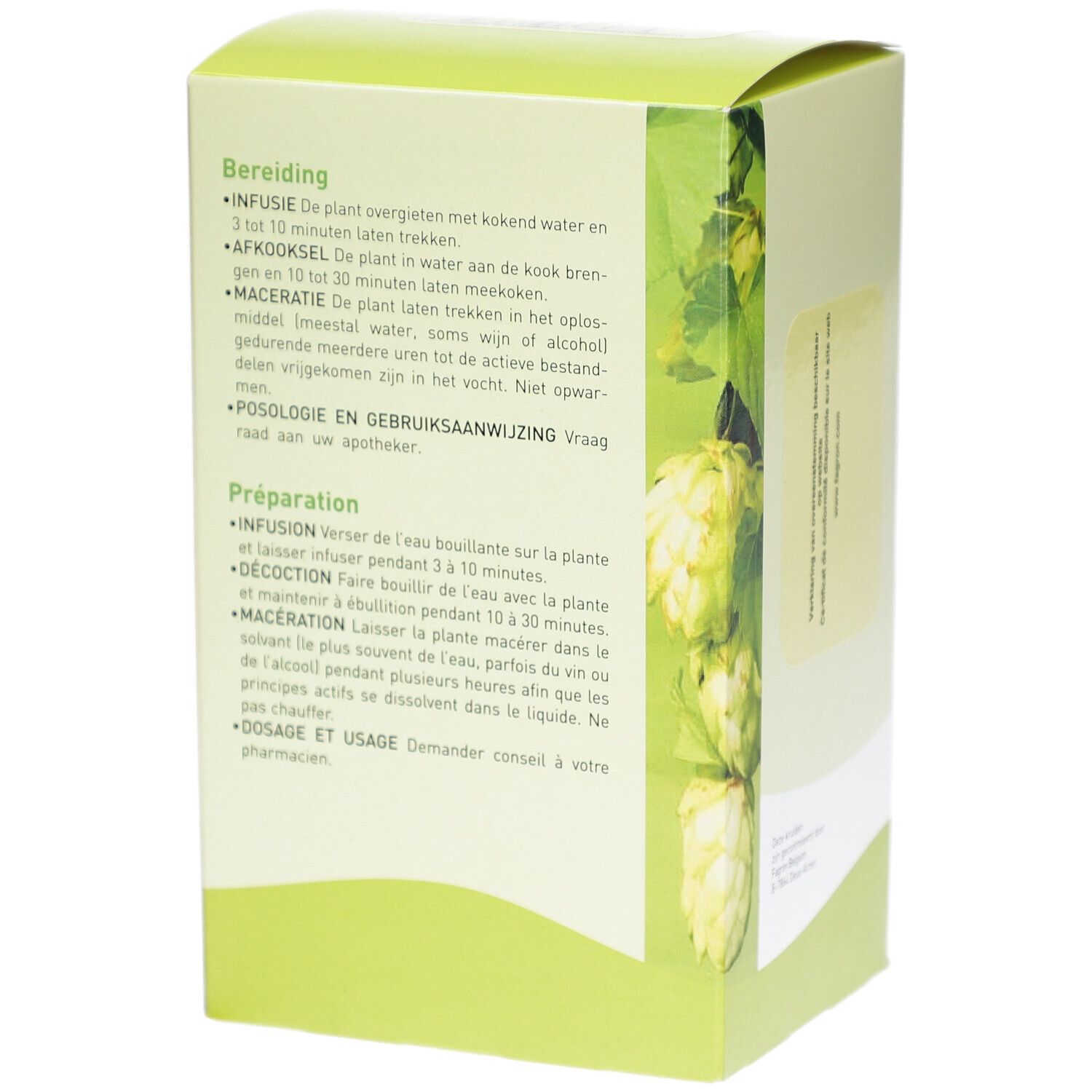 Seite der Pharmaflore-Verpackung mit Zubereitungshinweisen. Text in Niederländisch und Französisch. Blattmotiv.