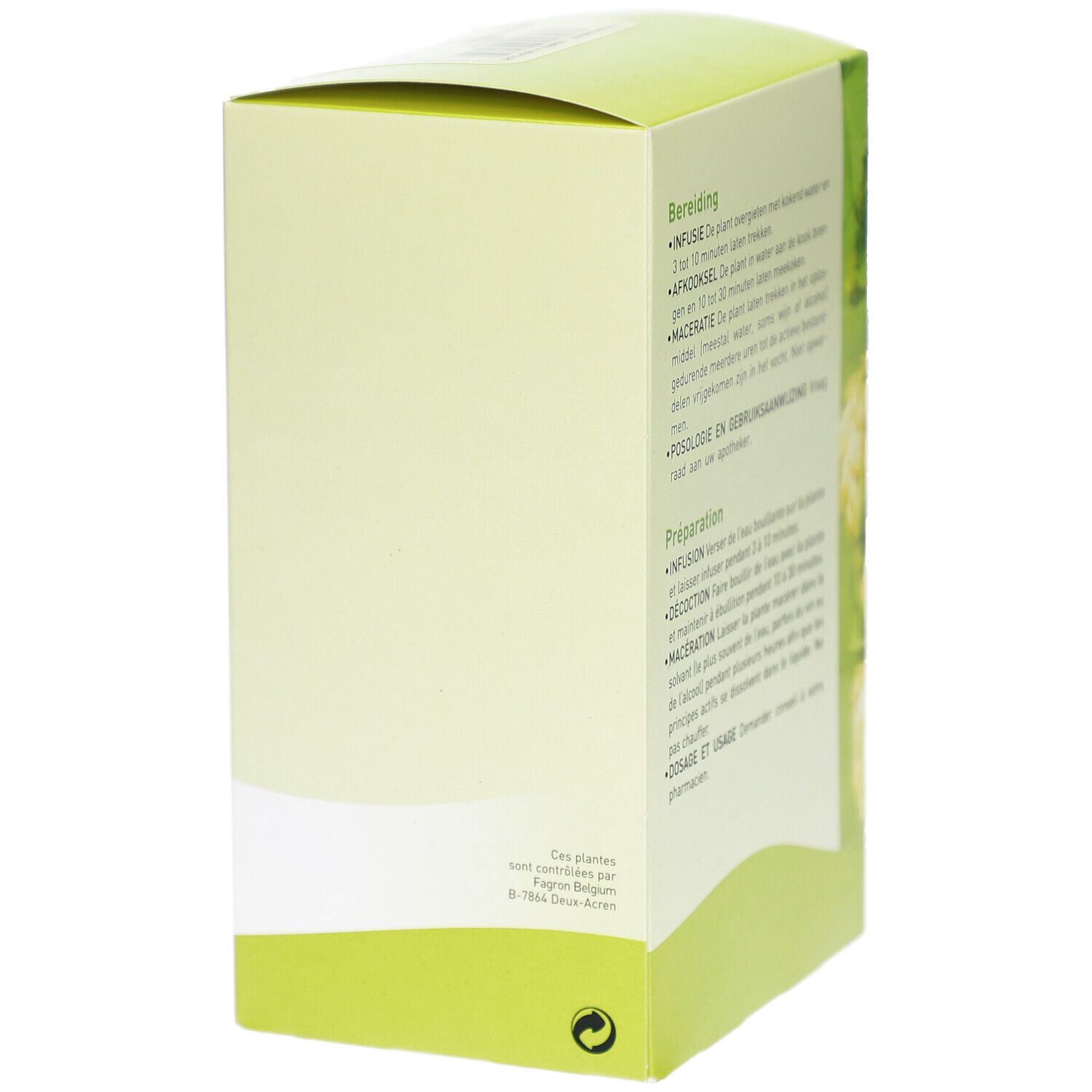 Seite der Pharmaflore-Verpackung mit Text. Grüner Hintergrund. Text in Niederländisch und Französisch.