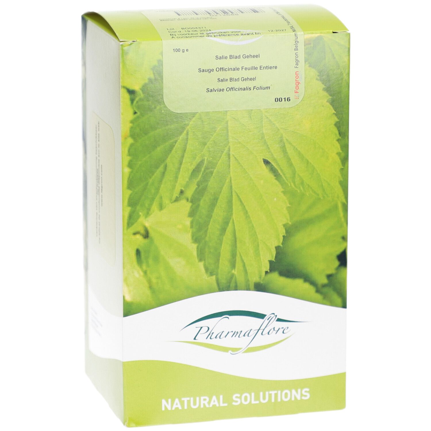 Pharmaflore-Verpackung mit Blattmotiv. Text: Salie Blad Geheel, Sauge Officinale Feuille Entière. Logo und 'Natural Solutions'.
