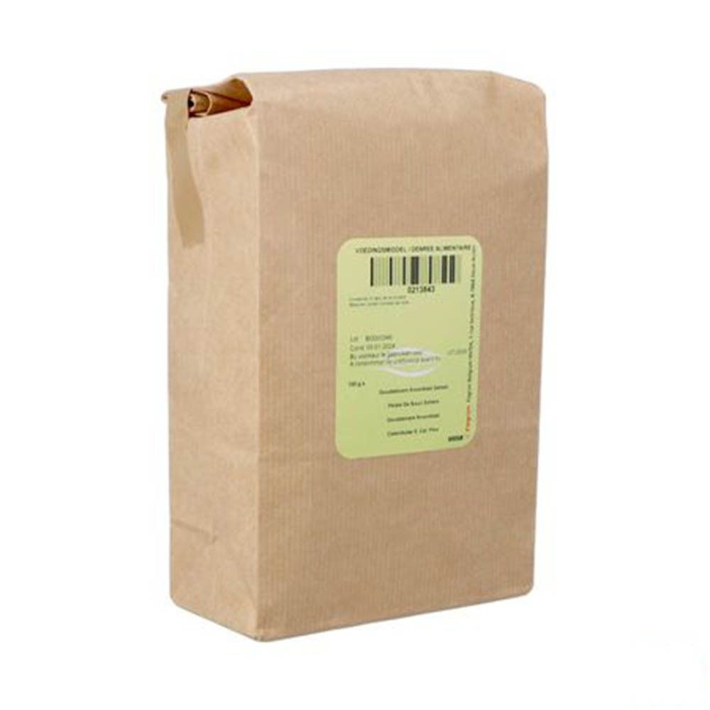 Sac en papier brun avec étiquette verte. Texte : Voedingsmiddel/Denree Alimentaire. Code-barres.