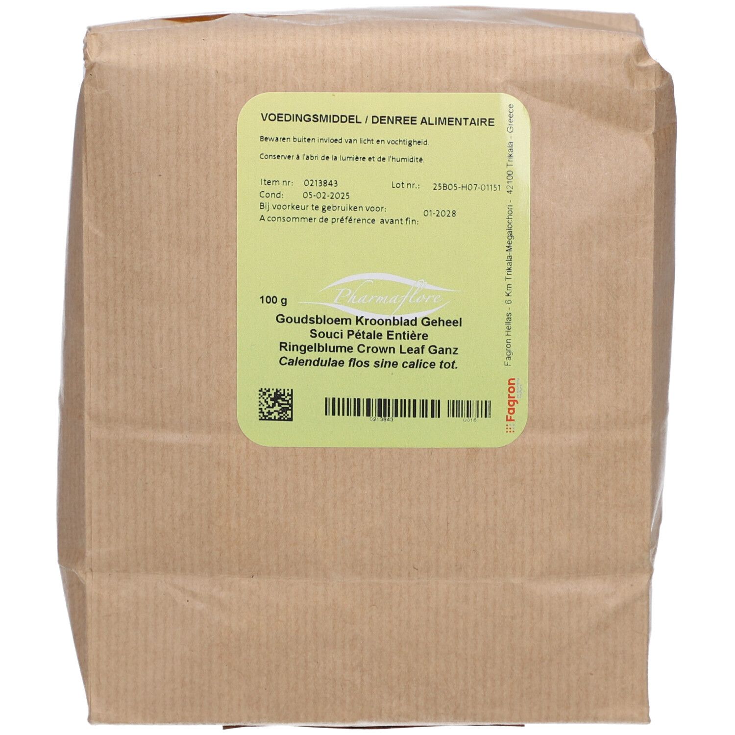 Braune Papiertüte mit grünem Etikett. Text: Goudsbloem Kroonblad Geheel, Souci Pétale Entière, Ringelblume Crown Leaf Ganz.