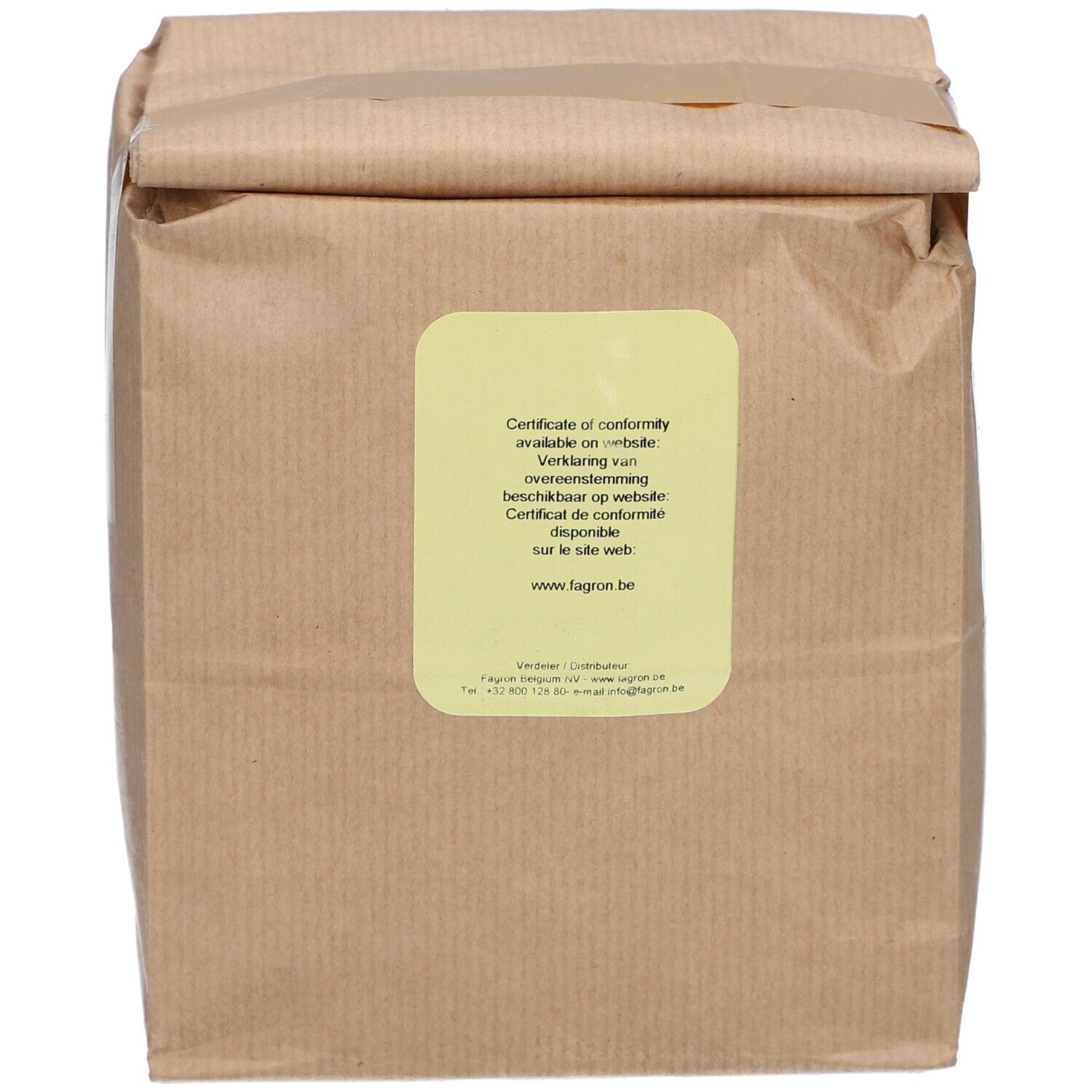 Braune Papiertüte mit gelbem Etikett. Text: Certificate of conformity available on website.