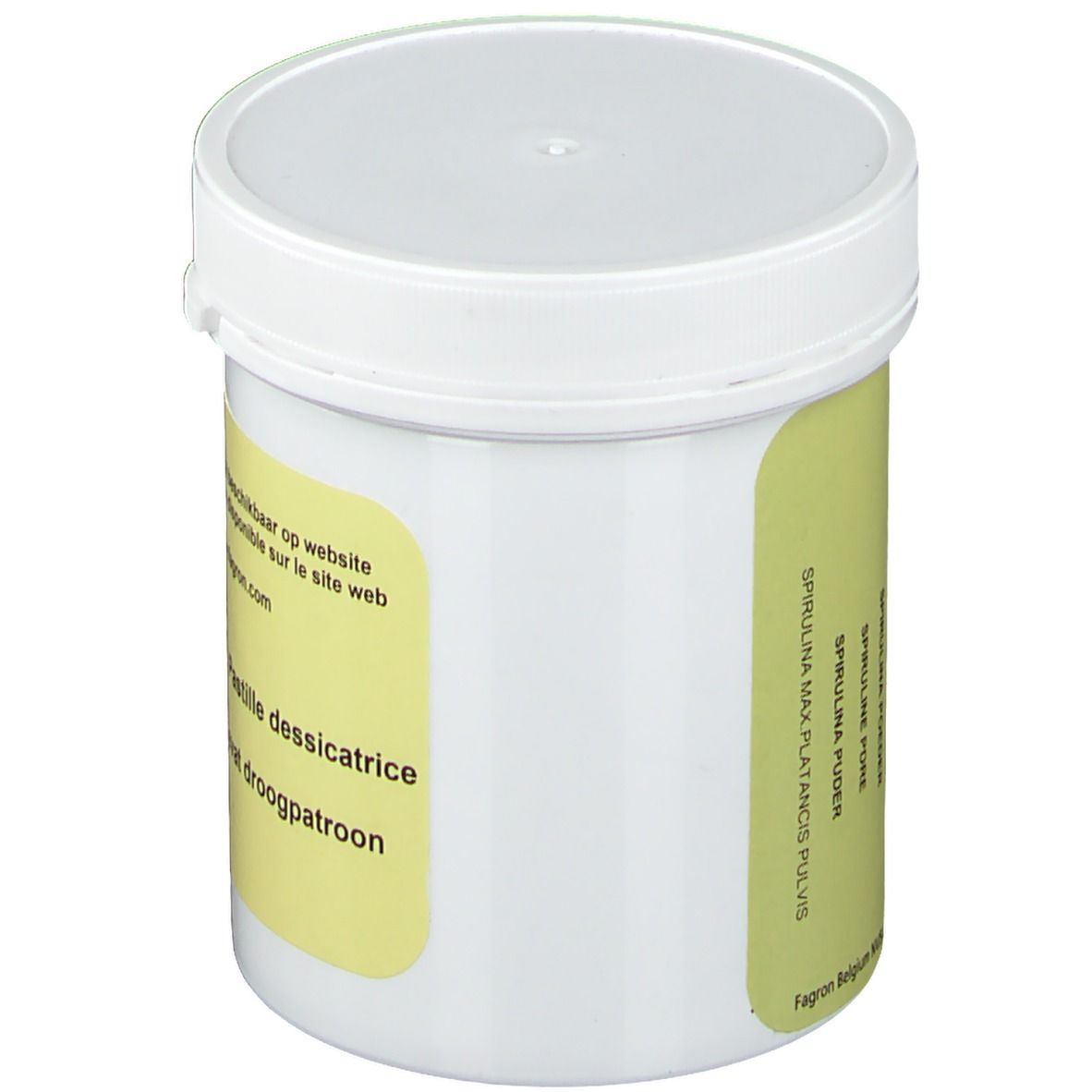 Weißer Behälter mit gelbem Etikett. Text: Spirulina Max Plantatis Pluv. Spirulina Puder. FAGRON. Aufschrift auf der Seite.