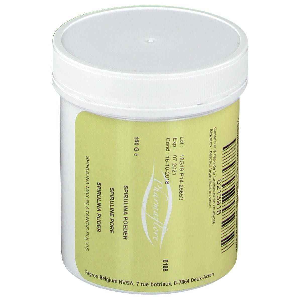 Weißer Behälter mit gelbem Etikett. Text: 100 g. Spirulina Puder. Pharmaflore. Verfallsdatum und Chargennummer.