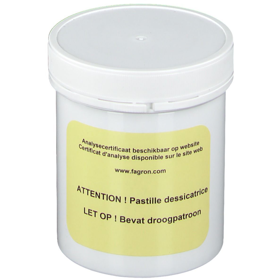 Weißer Behälter mit gelbem Etikett. Text: Analysecertificaat beschikbaar op website. Achtung! Pastille dessicatrice. Enthält Trockenmittel.