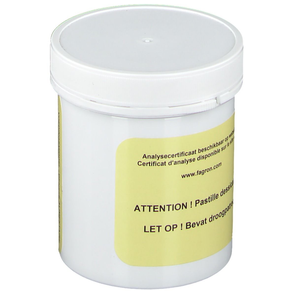 Weißer Behälter mit gelbem Etikett. Text: Analysecertificaat beschikbaar op website. Achtung! Pastille dessicatrice. Enthält Trockenmittel.