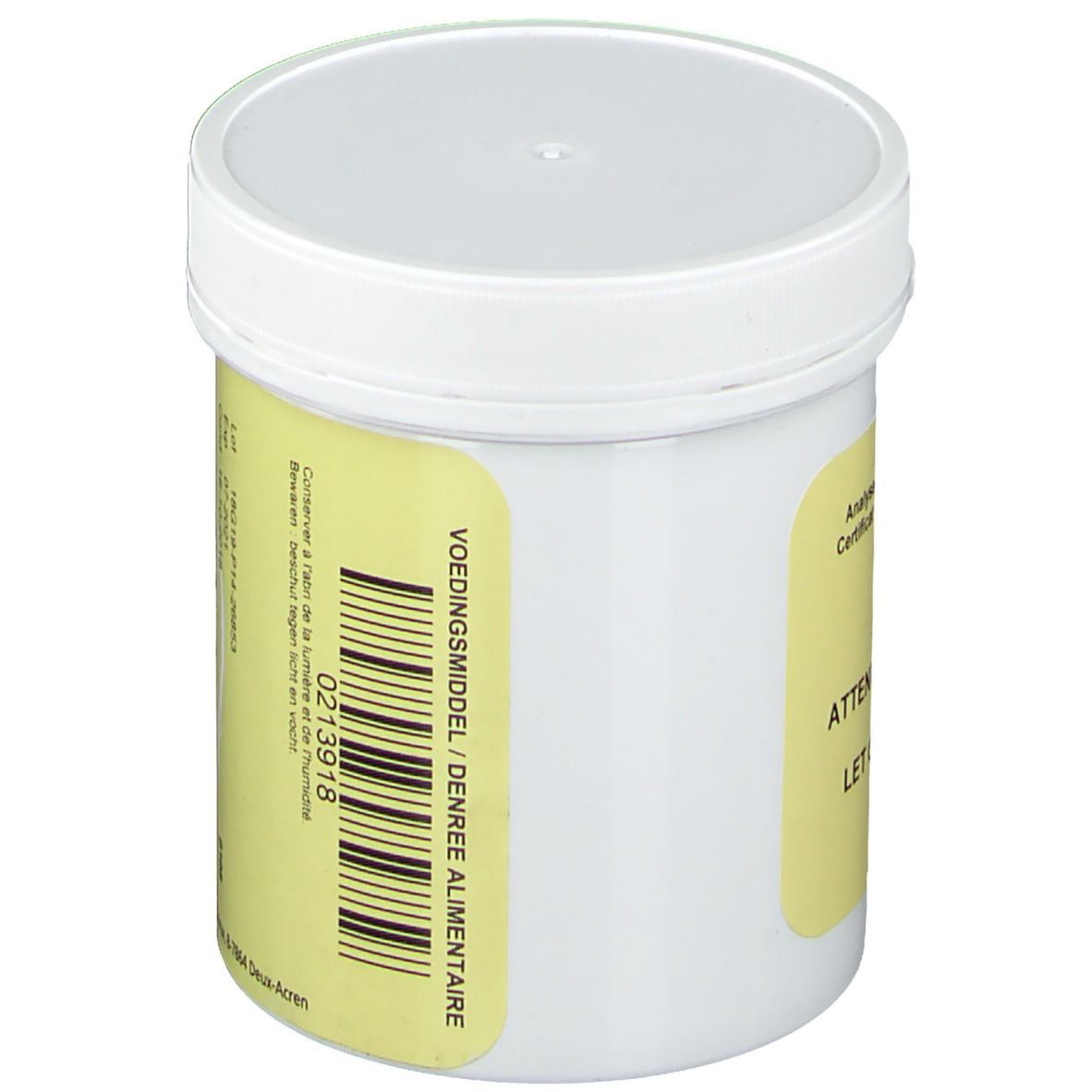 Weißer Behälter mit gelbem Etikett und Barcode. Text: Voedingsmiddel/Denrée alimentaire. Weitere Informationen auf dem Etikett.