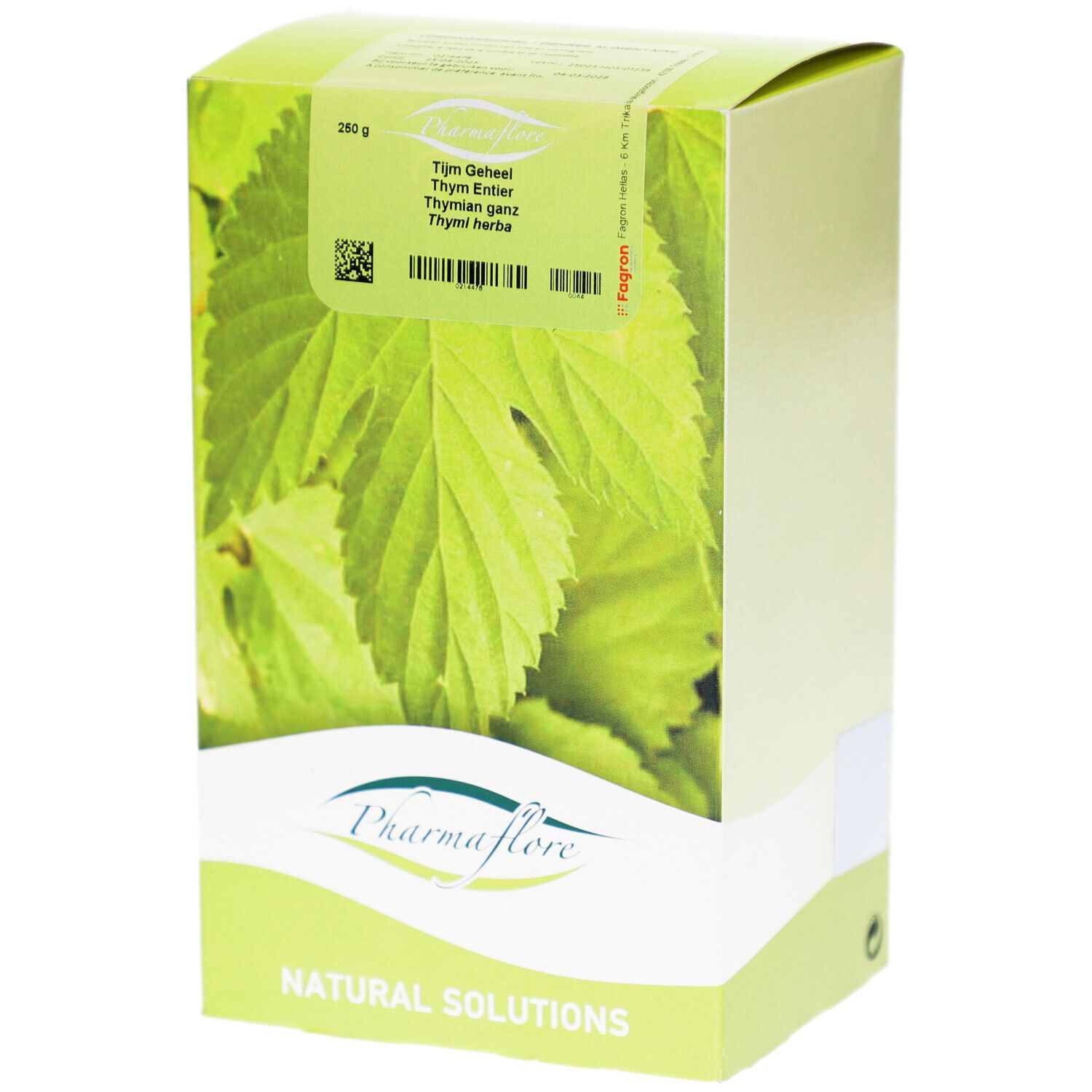 Kartonverpackung mit Thymian-Blatt-Abbildung. Pharmaflore-Logo. Text: Thym Geheel, Thymian Entier, Thymian ganz, Thym herb.