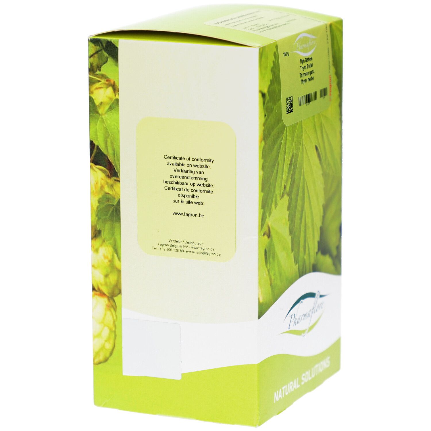 Rückseite der Kartonverpackung. Text: Certificate of conformity available on website. Logo Pharmaflore. Text: Natural Solutions.