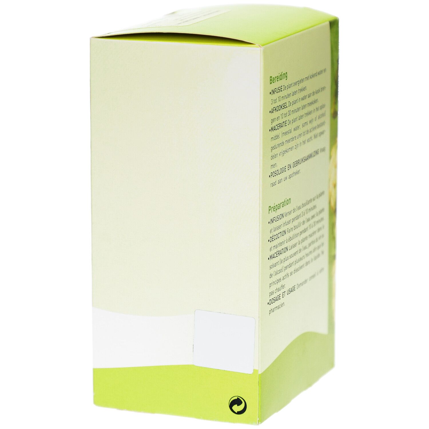 Seite der Kartonverpackung. Text: Zubereitungsanweisungen. Logo Pharmaflore. Text: Natural Solutions.