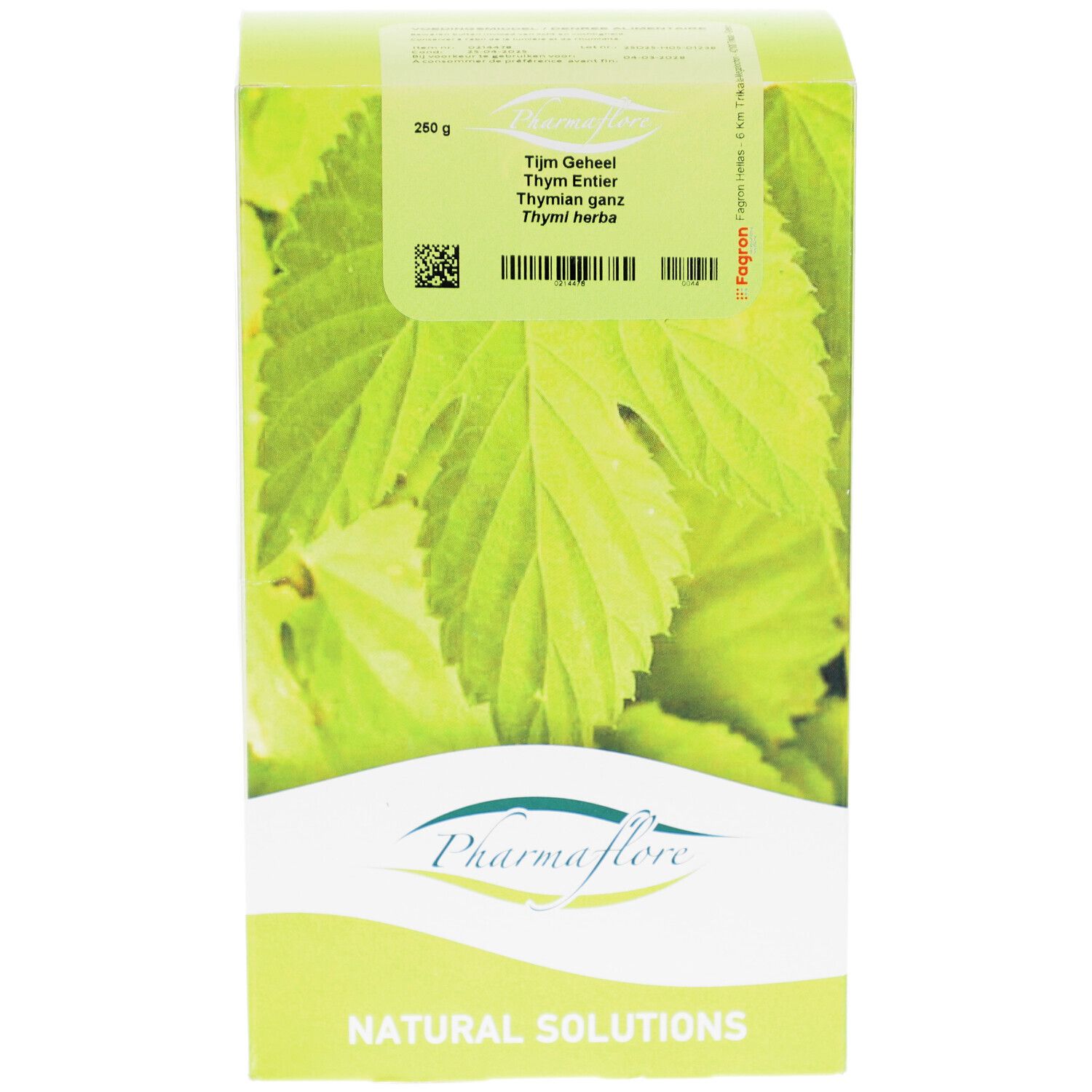 Kartonverpackung mit Thymian-Blatt-Abbildung. Pharmaflore-Logo. Text: Thym Geheel, Thymian Entier, Thymian ganz, Thym herb.