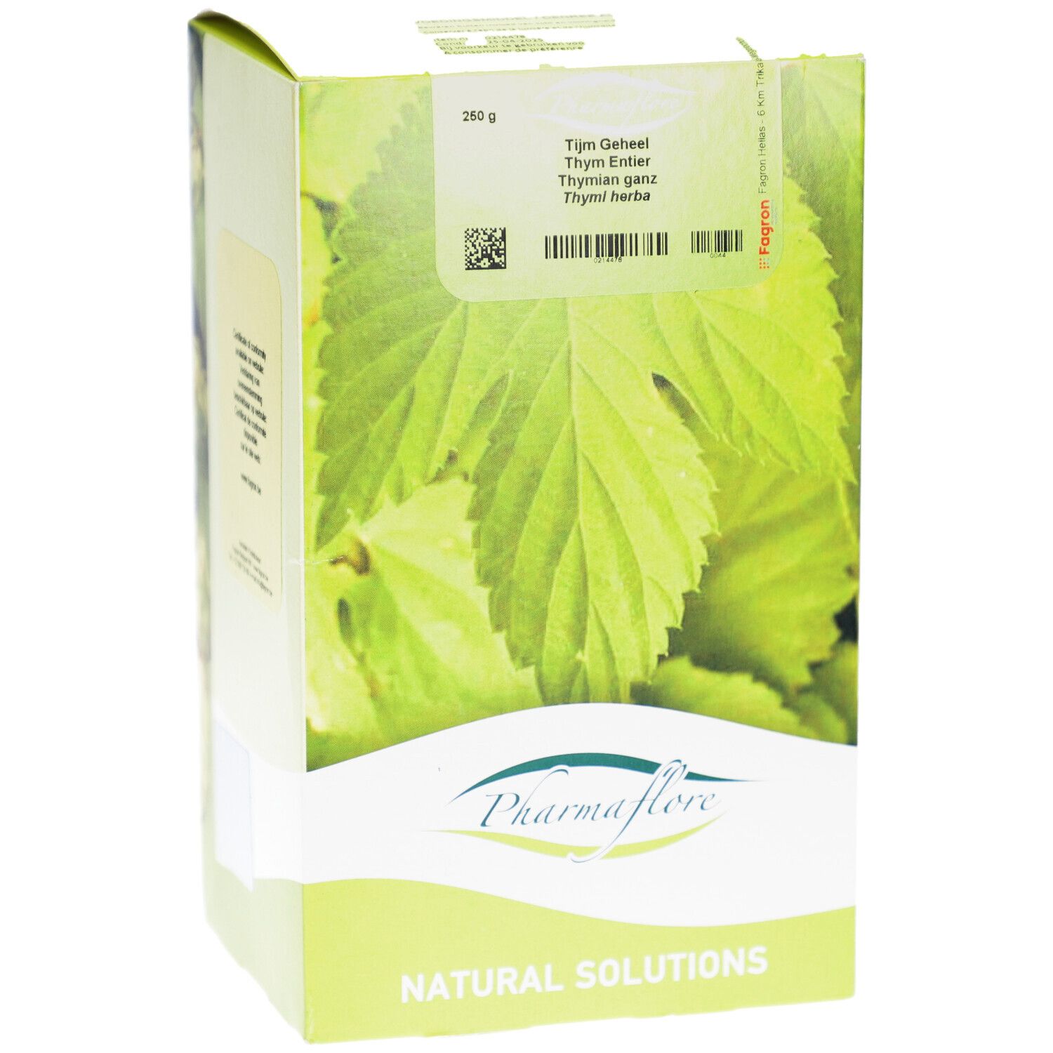 Kartonverpackung mit Thymian-Blatt-Abbildung. Pharmaflore-Logo. Text: Thym Geheel, Thymian Entier, Thymian ganz, Thym herb.