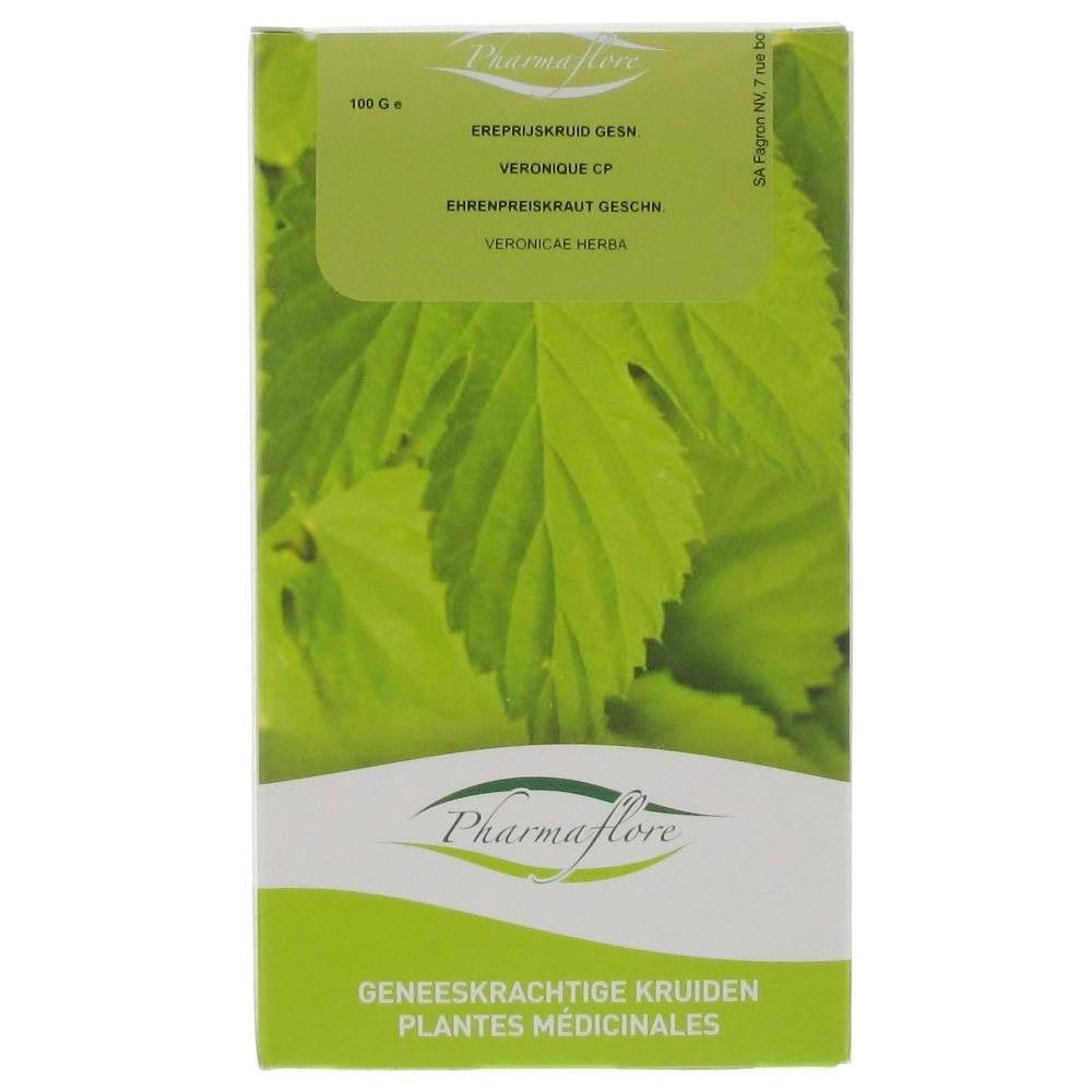 Kartonverpackung mit grünem Blattmuster und Text. Pharmaflore-Logo unten. Text in Niederländisch, Deutsch, Französisch und Latein.