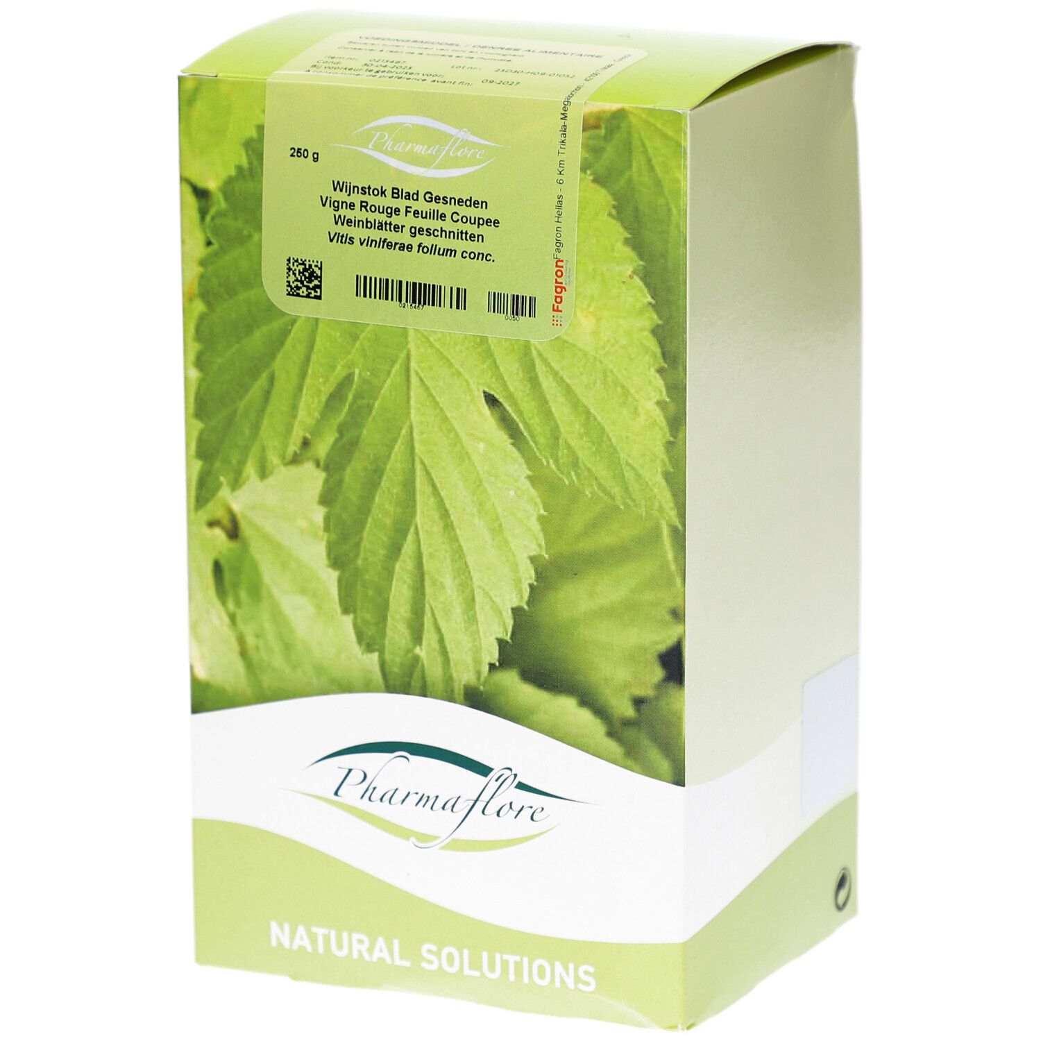 Verpackung mit Pharmaflore-Logo und Blättern. Text: Wijnsotk Blad Gesneden, Vigne Rouge Feuille Coupée, Weinblätter geschnitten.