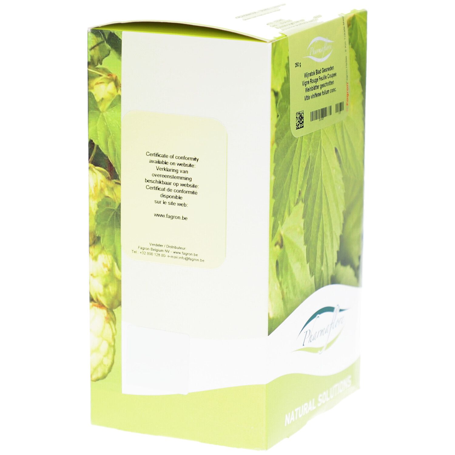 Seitenansicht der Verpackung. Text: Certificate of conformity available on website. Pharmaflore-Logo.