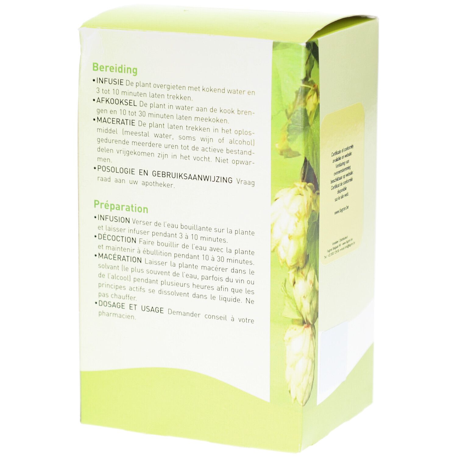 Rückseite der Verpackung mit Zubereitungshinweisen. Text in Niederländisch und Französisch.