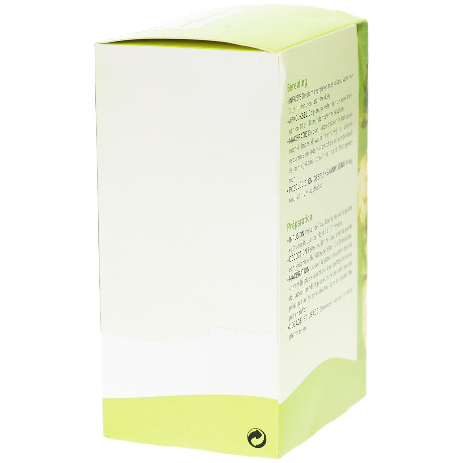 Rückseite der Verpackung mit Zubereitungshinweisen. Text in Niederländisch und Französisch.