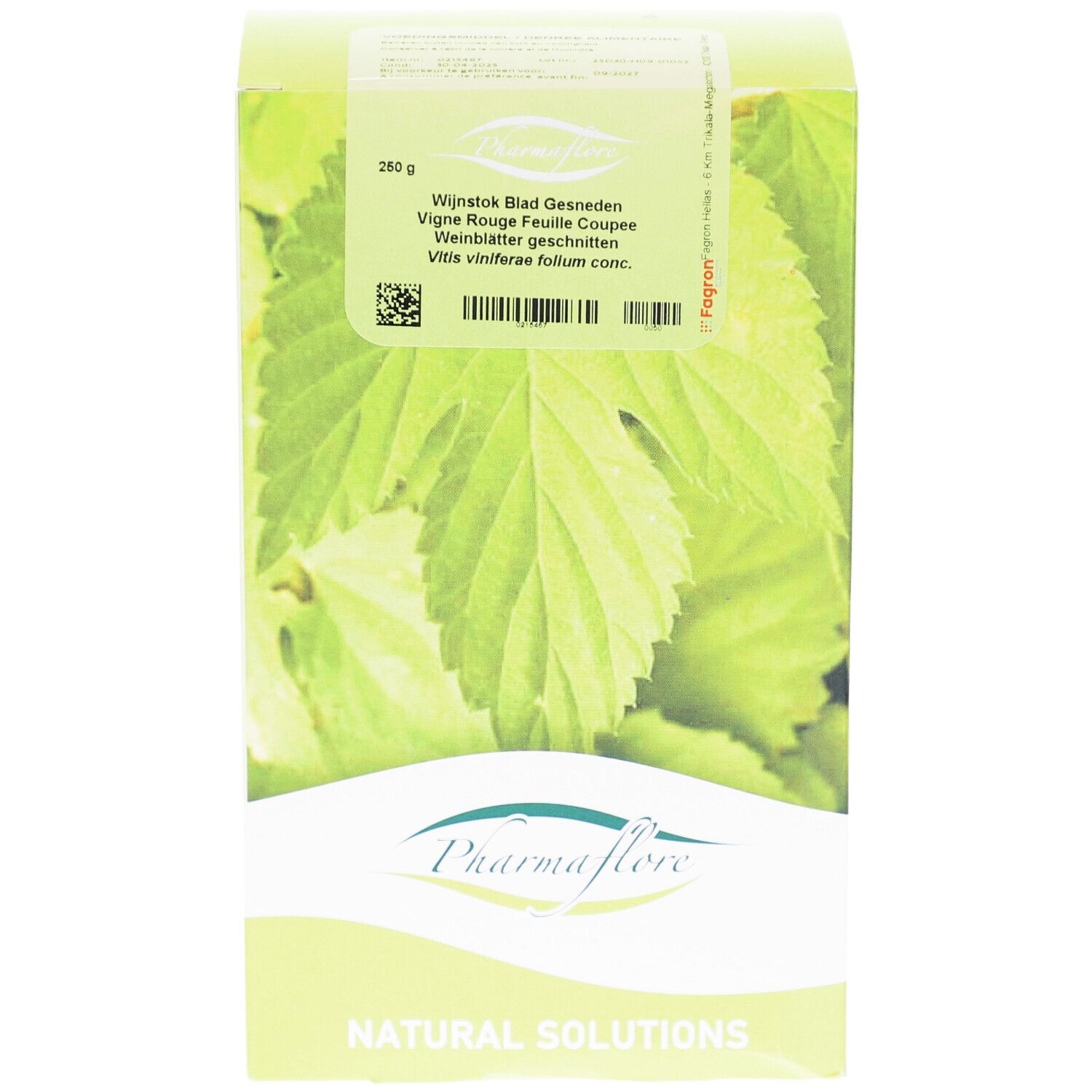 Verpackung mit Pharmaflore-Logo und Blättern. Text: Wijnsotk Blad Gesneden, Vigne Rouge Feuille Coupée, Weinblätter geschnitten.