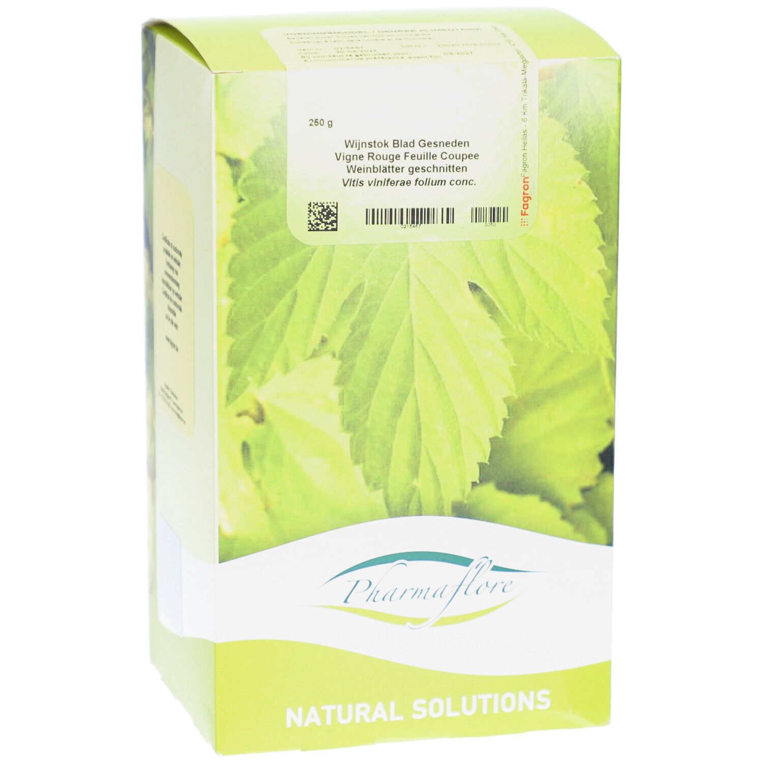 Verpackung mit Pharmaflore-Logo und Blättern. Text: Wijnsotk Blad Gesneden, Vigne Rouge Feuille Coupée, Weinblätter geschnitten.