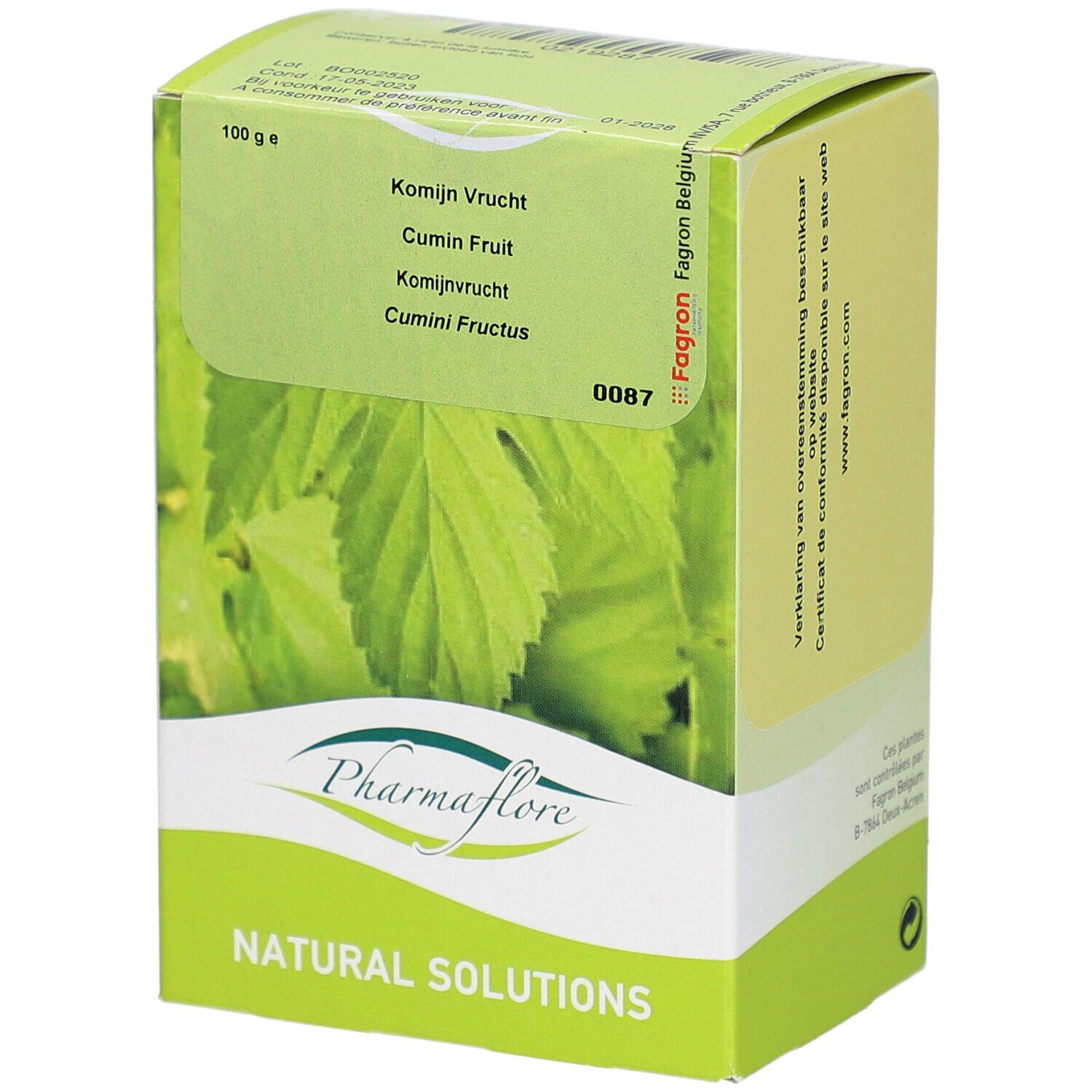 Grüne Schachtel mit Pharmaflore-Logo und Aufschrift 'Natural Solutions'. Enthält 'Kominj Vrucht' und 'Cumin Fruit'.