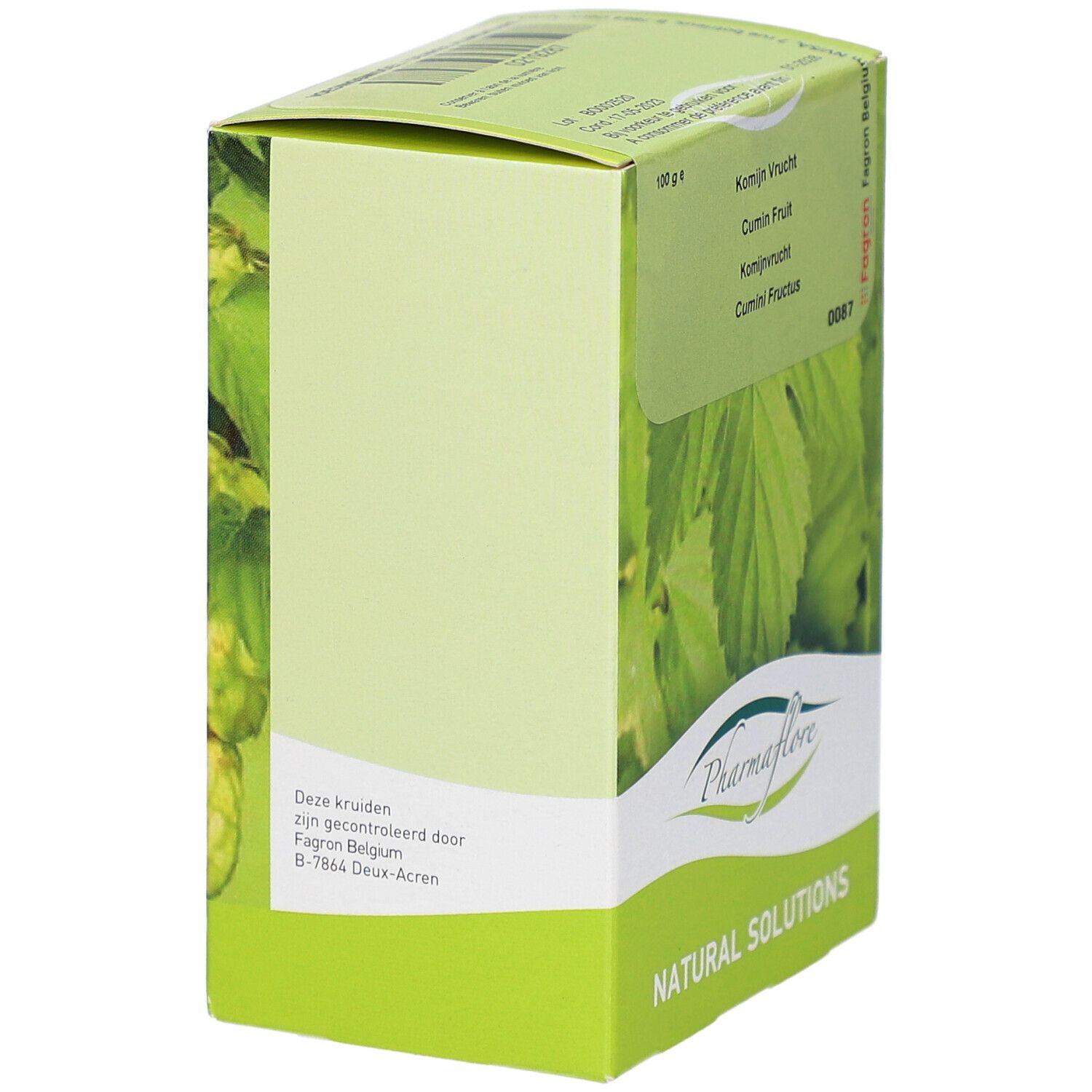 Grüne Schachtel mit Pharmaflore-Logo und Text. Enthält 'Kominj Vrucht', 'Cumin Fruit'. Rückseite mit Text und grünen Blättern.