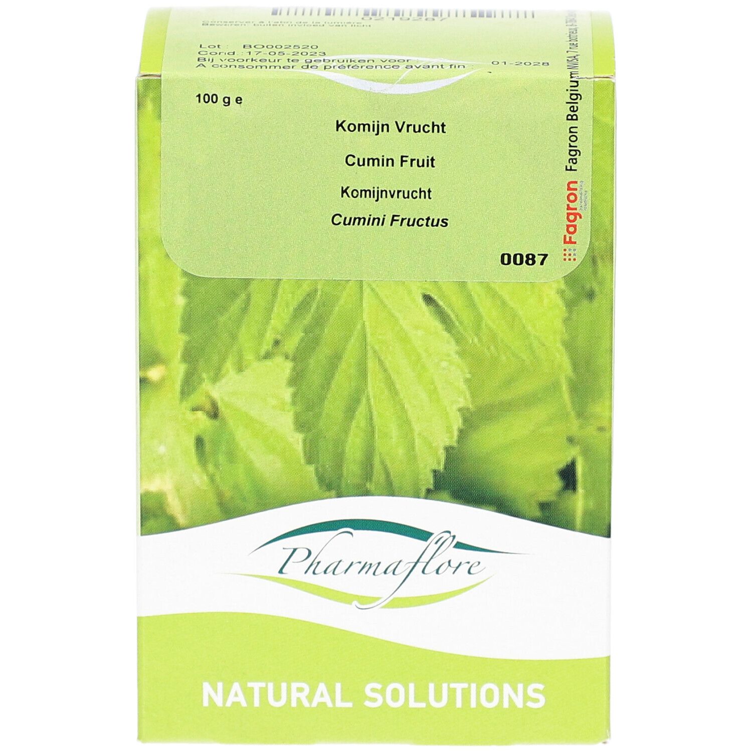 Grüne Schachtel mit Pharmaflore-Logo und Aufschrift 'Natural Solutions'. Enthält 'Kominj Vrucht' und 'Cumin Fruit'.