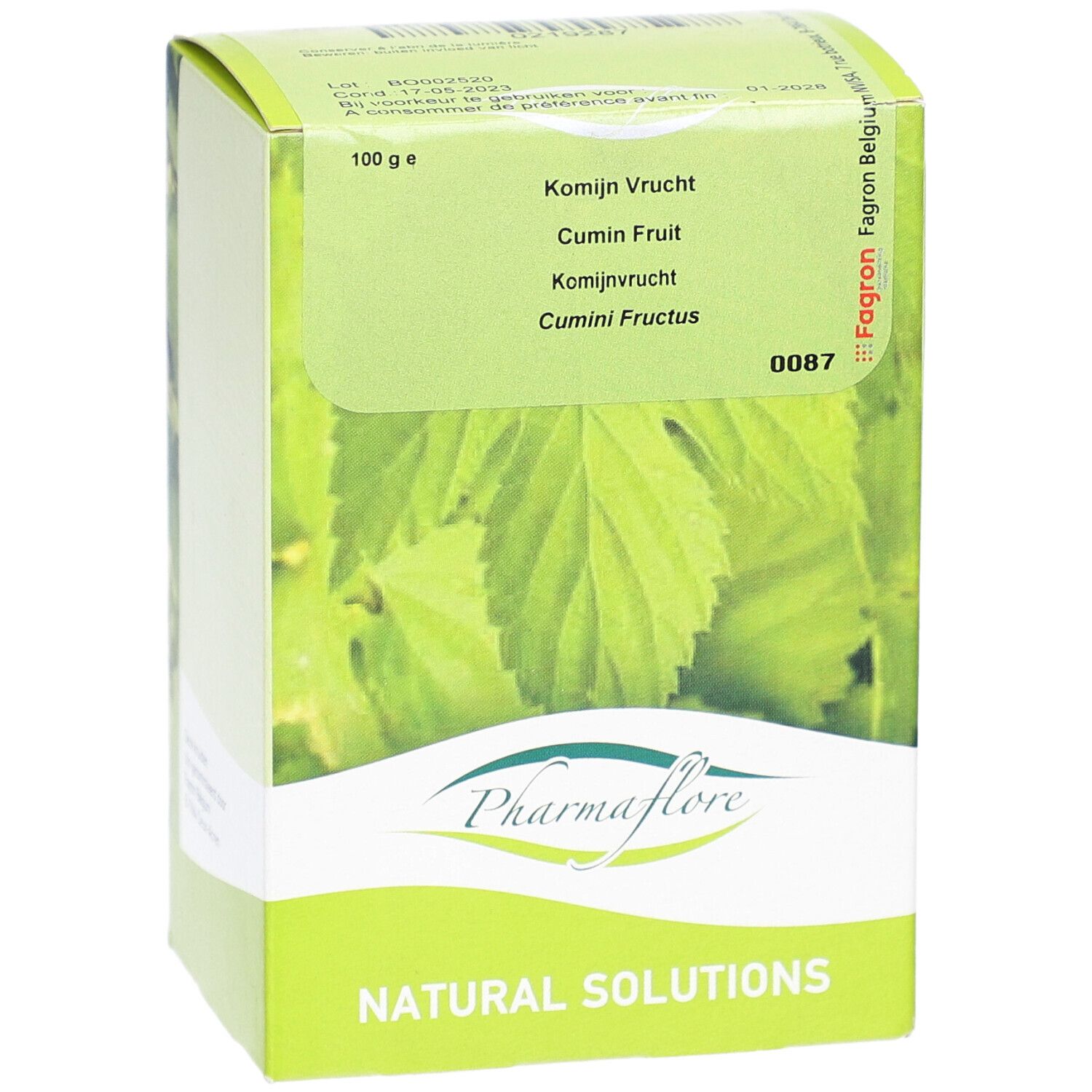 Grüne Schachtel mit Pharmaflore-Logo und Aufschrift 'Natural Solutions'. Enthält 'Kominj Vrucht' und 'Cumin Fruit'.