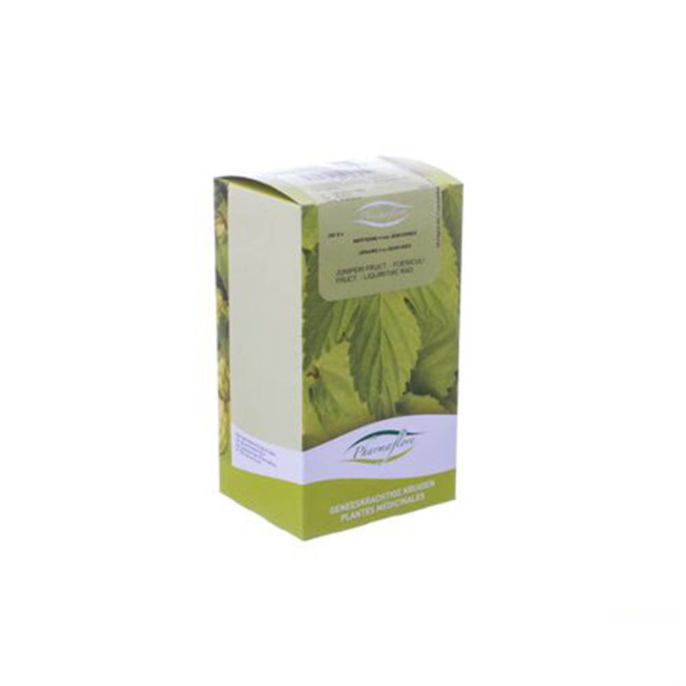 Boîte verte avec feuilles et texte. Logo Pharmaflore. Natural Solutions. Sur fond blanc.