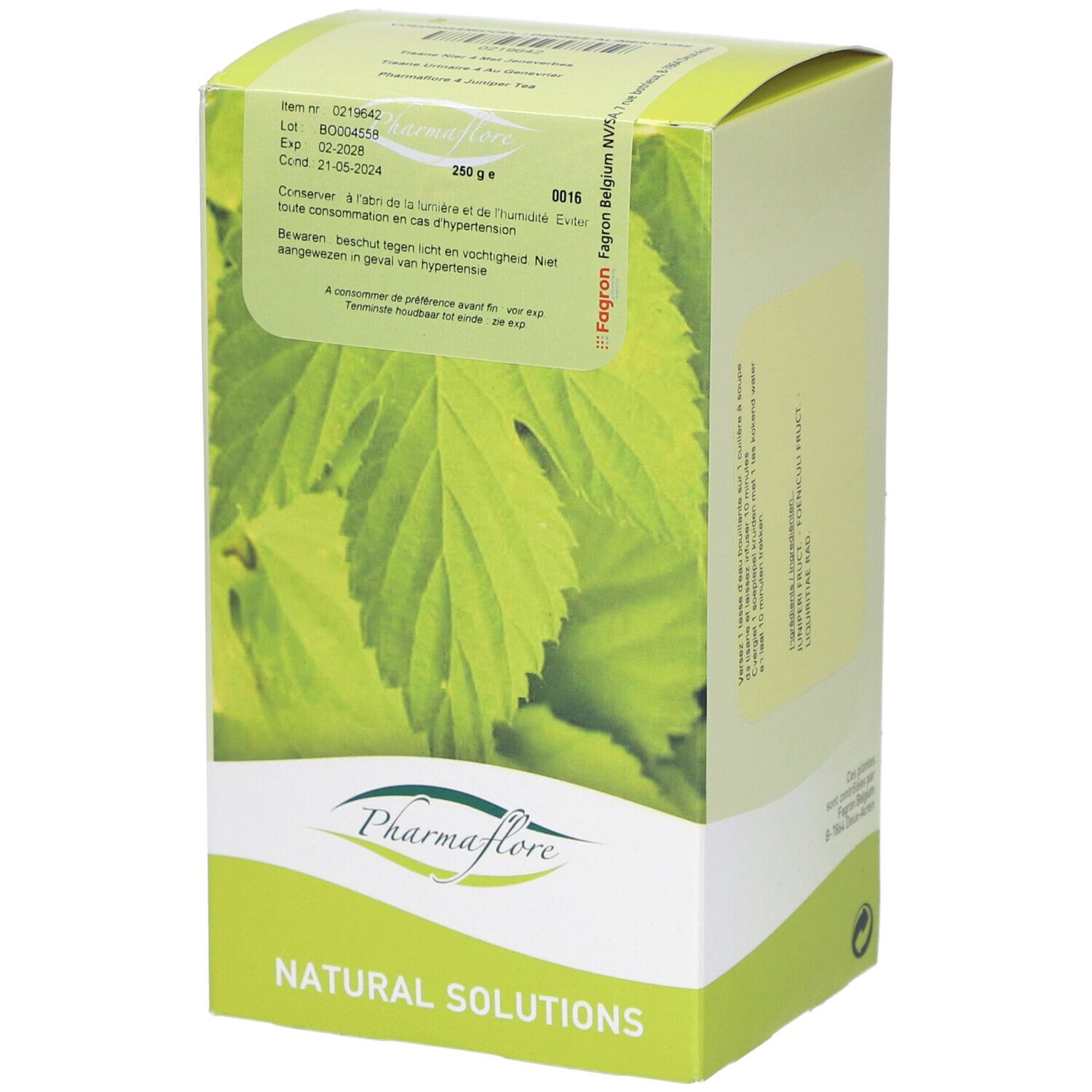 Grüne Schachtel mit Blättern und Logo Pharmaflore. Text: Natural Solutions. 250 g.