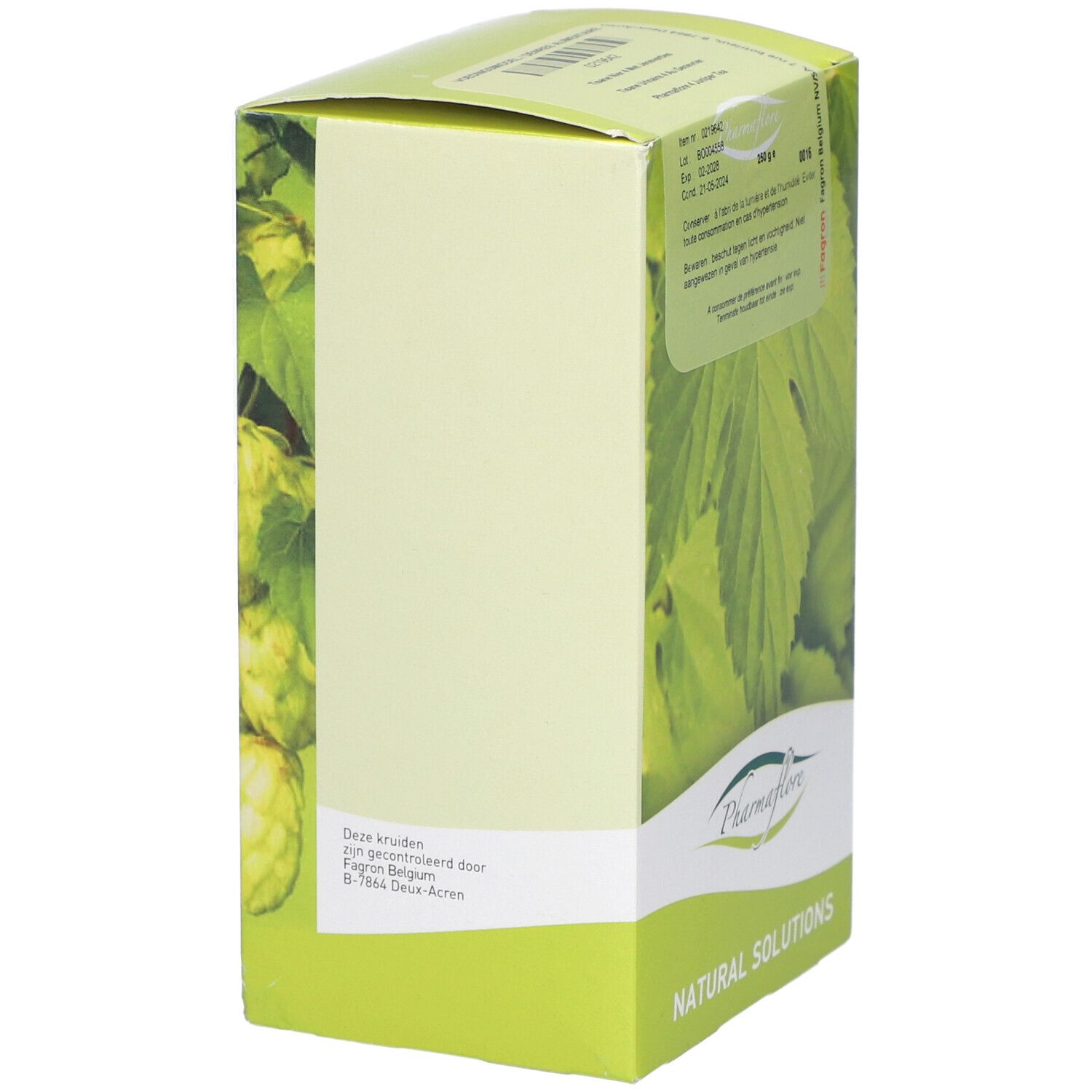 Grüne Schachtel, Seite mit Blättern und Text. Logo Pharmaflore. Natural Solutions.