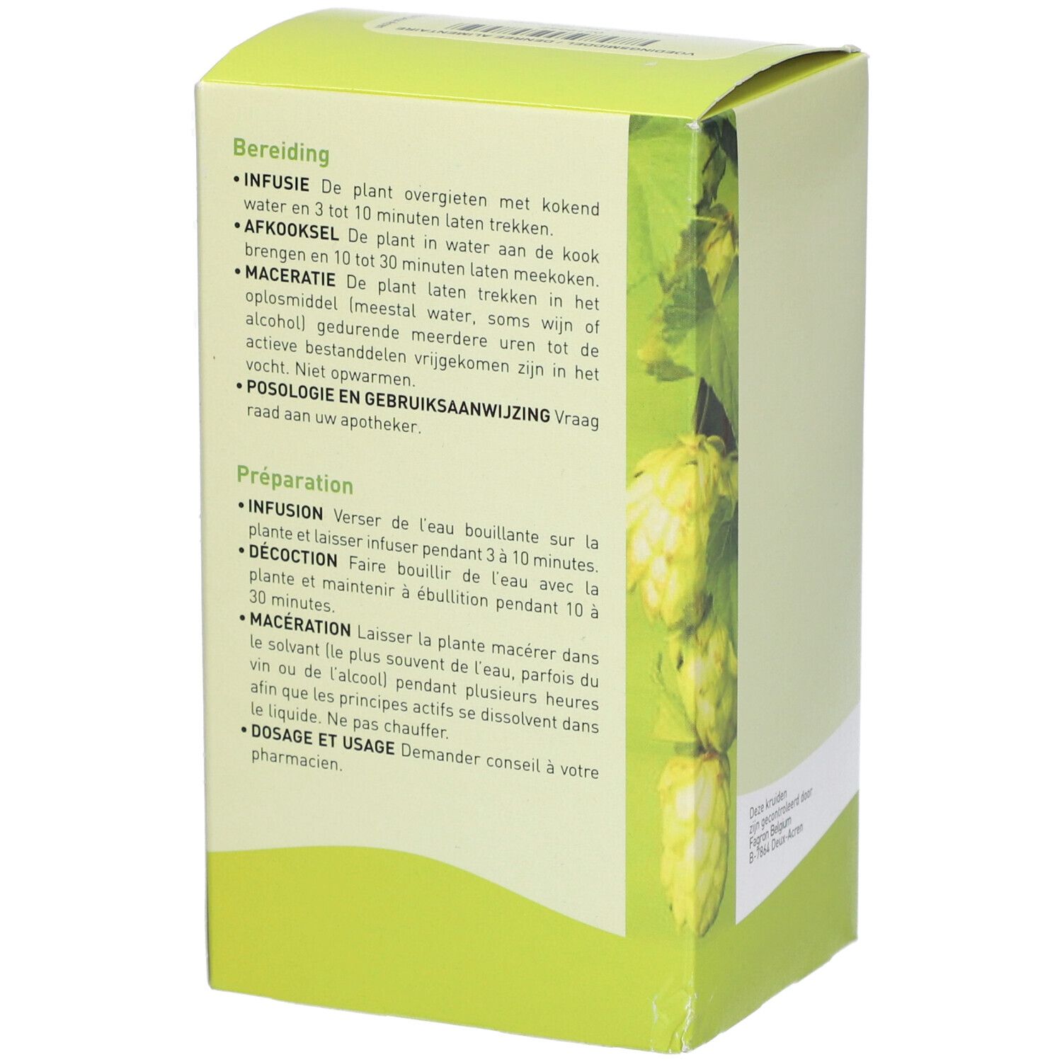 Grüne Schachtel mit Text in mehreren Sprachen. Zubereitungshinweise und Dosierung.