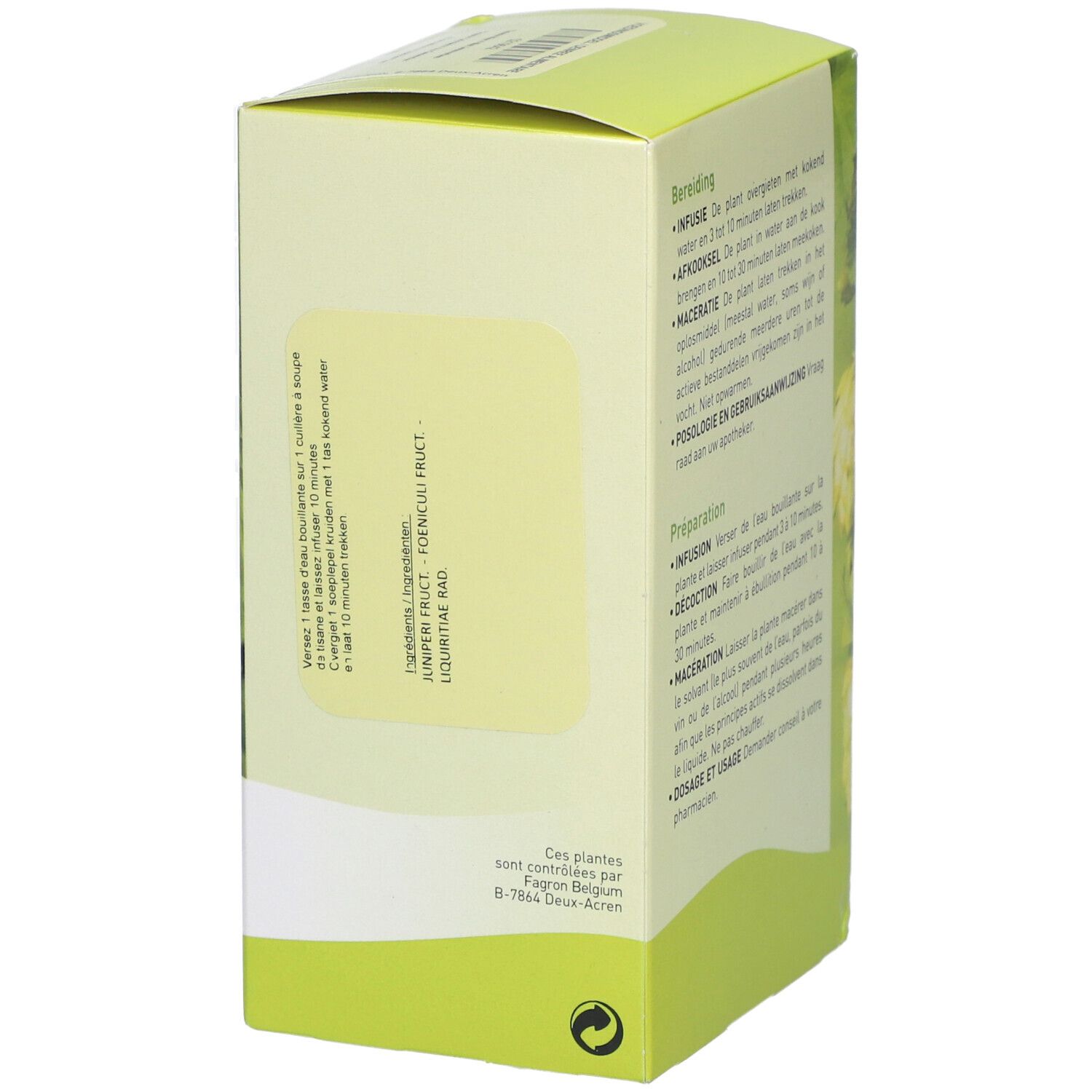 Grüne Schachtel mit Text in mehreren Sprachen. Zutaten und Zubereitung.