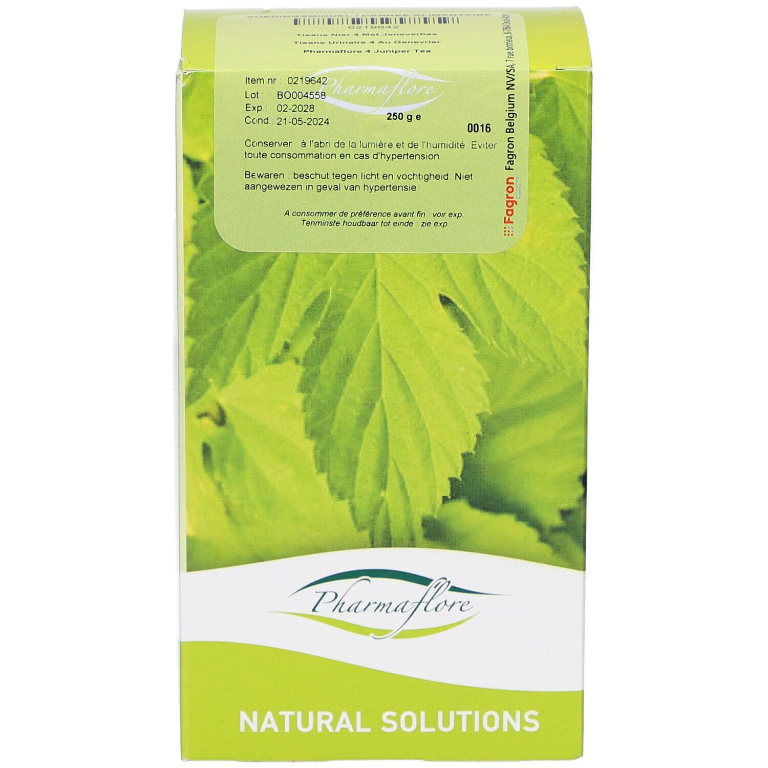 Grüne Schachtel mit Blättern und Logo Pharmaflore. Text: Natural Solutions. 250 g.