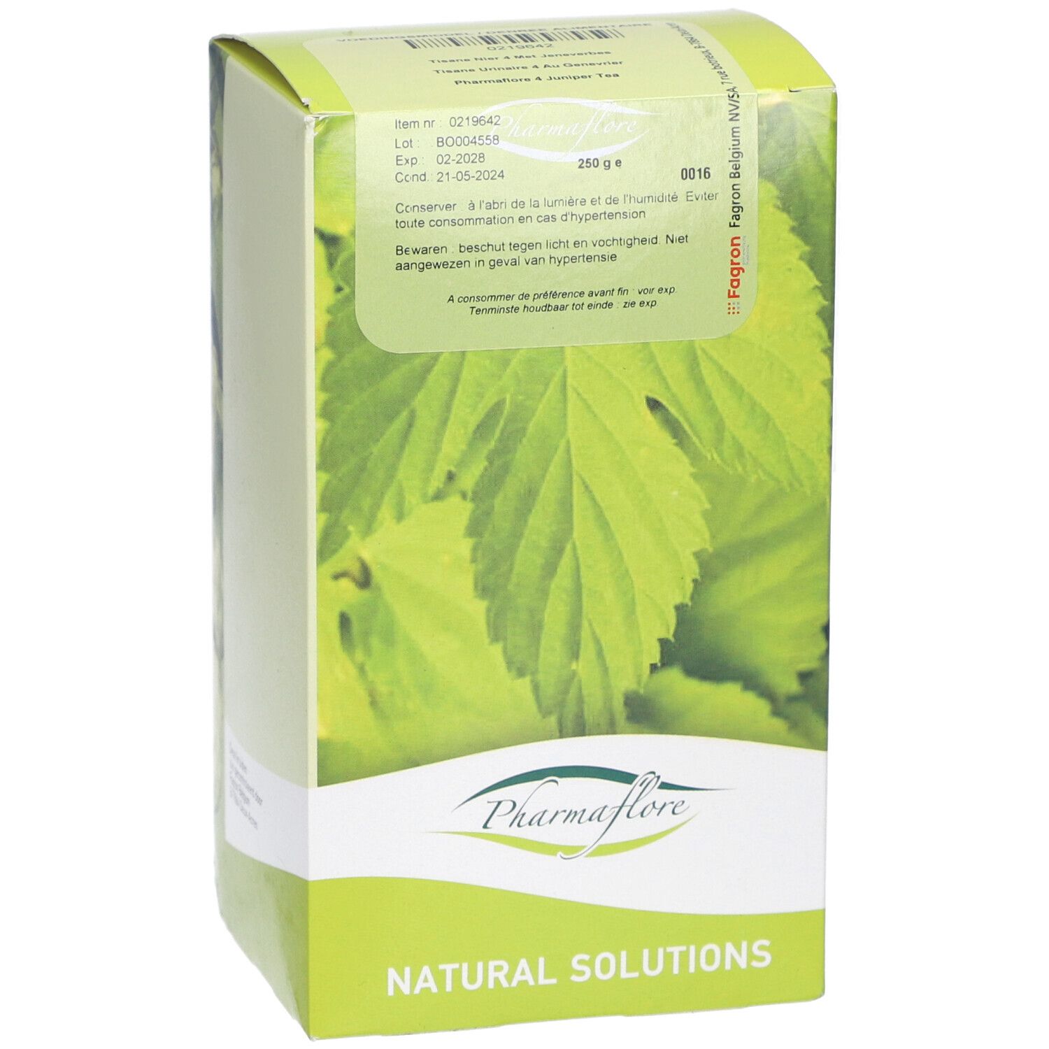 Grüne Schachtel mit Blättern und Logo Pharmaflore. Text: Natural Solutions. 250 g.