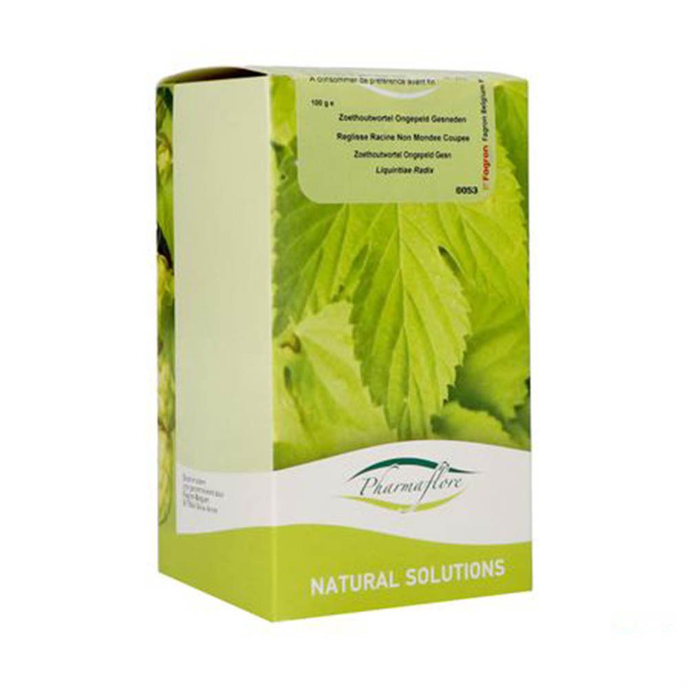 Boîte en carton avec nom du produit et informations. Pharmaflore Racine de Réglisse Non Mondée Coupée. 100 g.