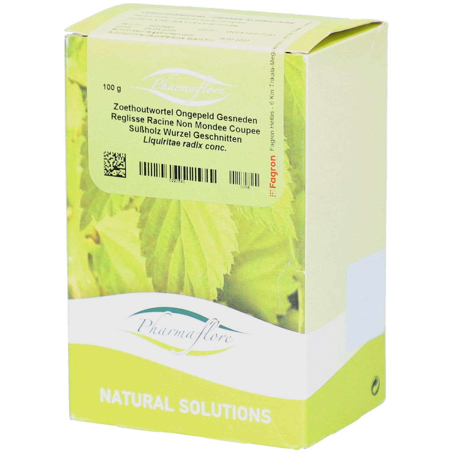 Kartonverpackung mit Produktnamen und Inhaltsangabe. Pharmaflore Racine de Réglisse Non Mondée Coupée. 100 g.